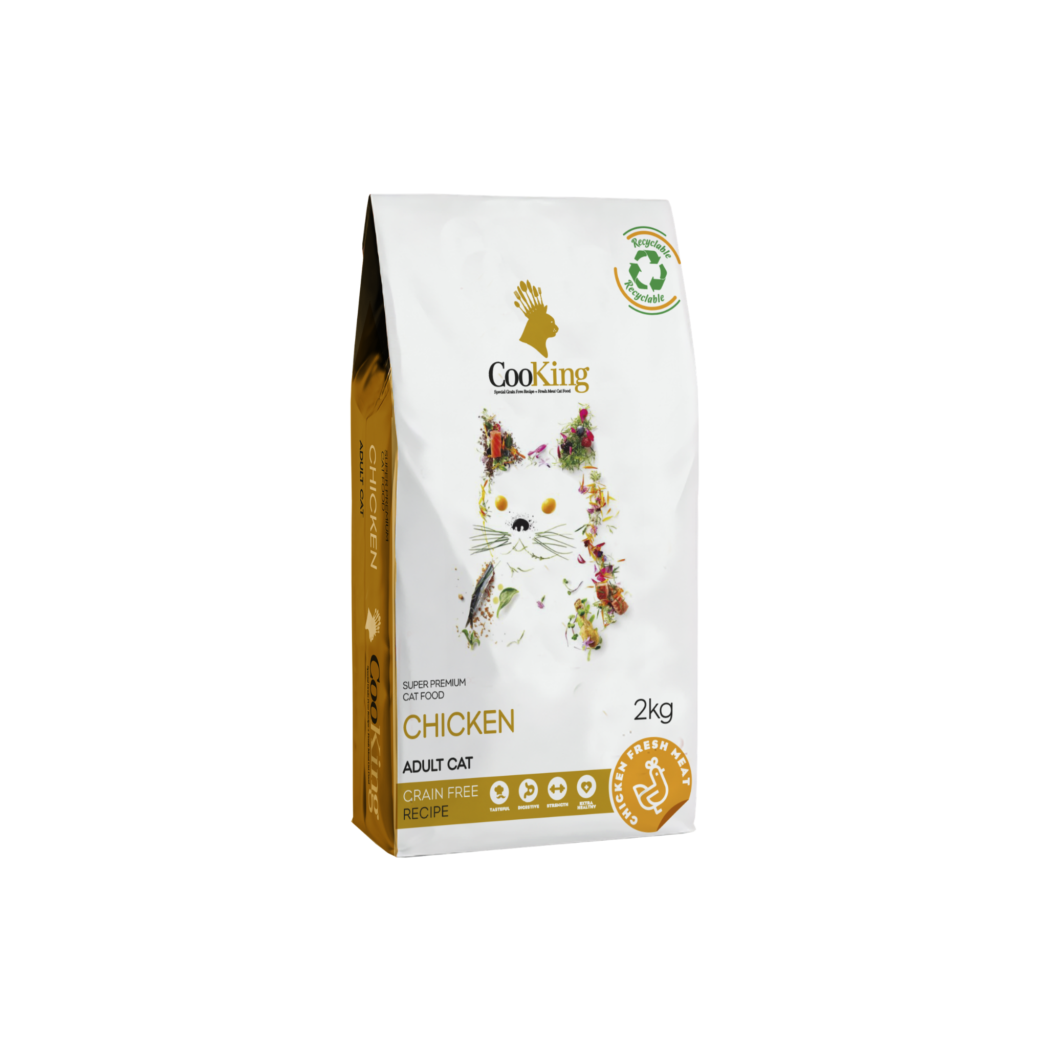 Alimento seco grain free para gatos adultos Cooking Cat Chicken Recipe 2 KG fondo blanco