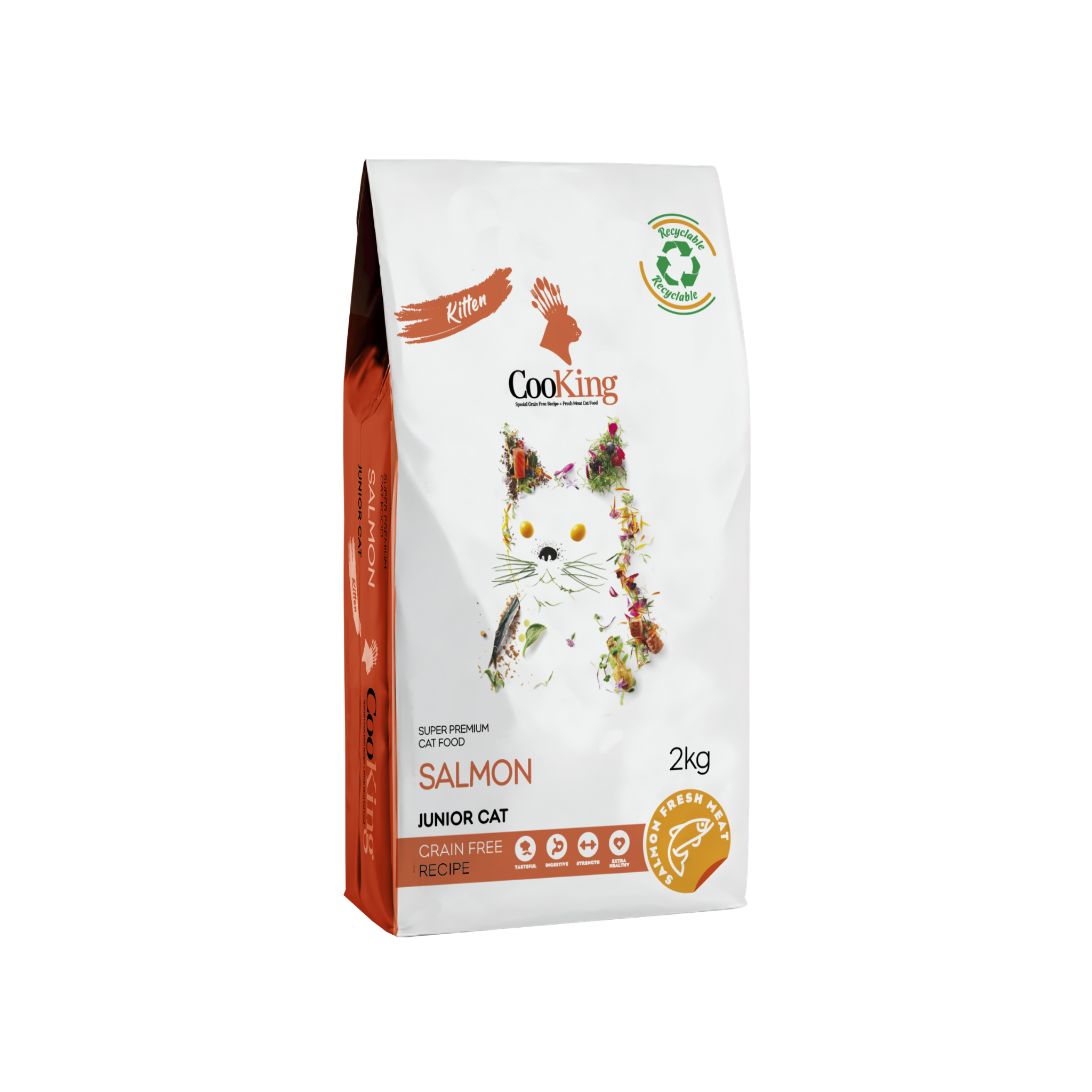 Alimento seco grain free para gatitos Cooking Cat Kitten Salmon Recipe 2 KG fondo blanco