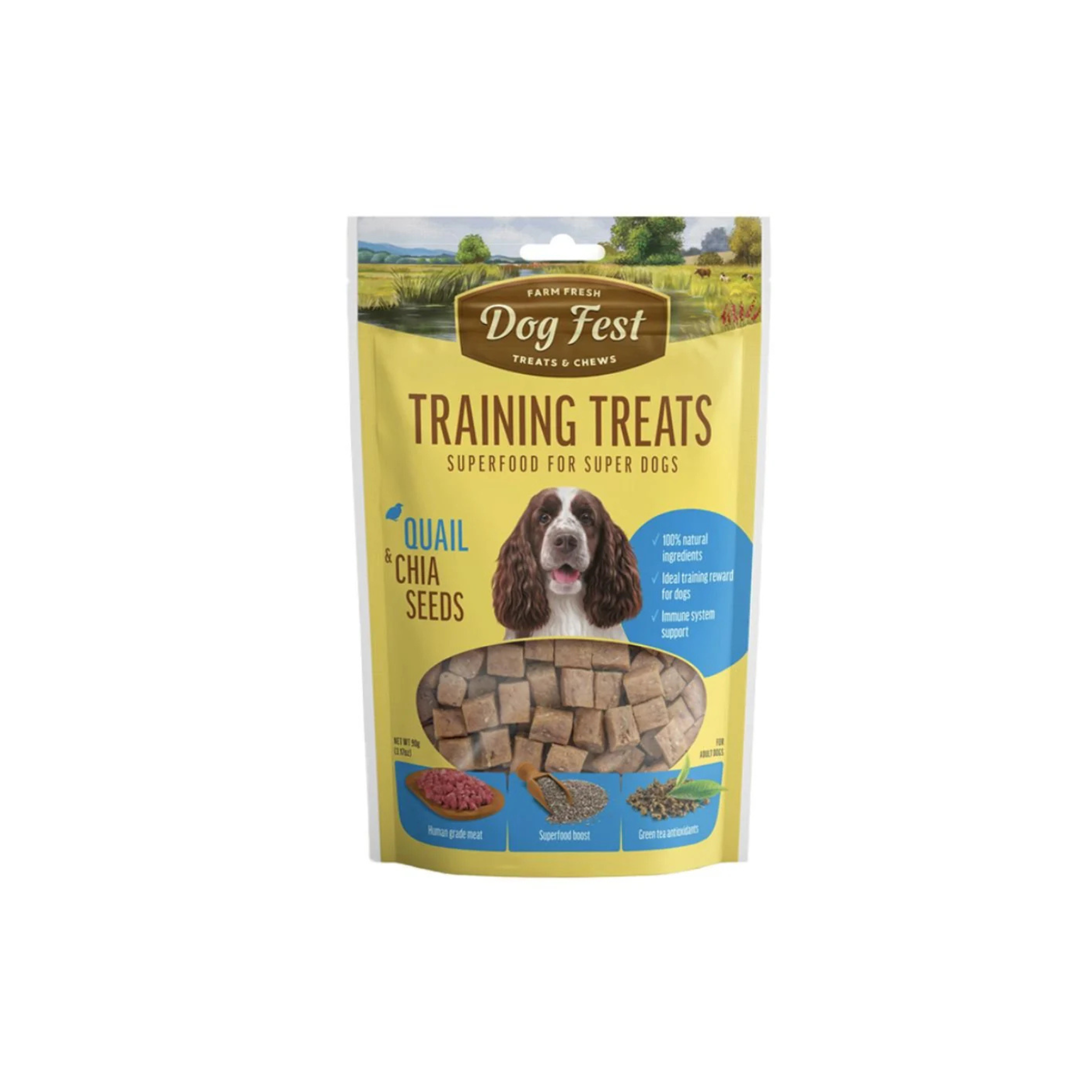 Premio entrenamiento para perros Dogfest Training codorniz y semillas de chía 90 GR
