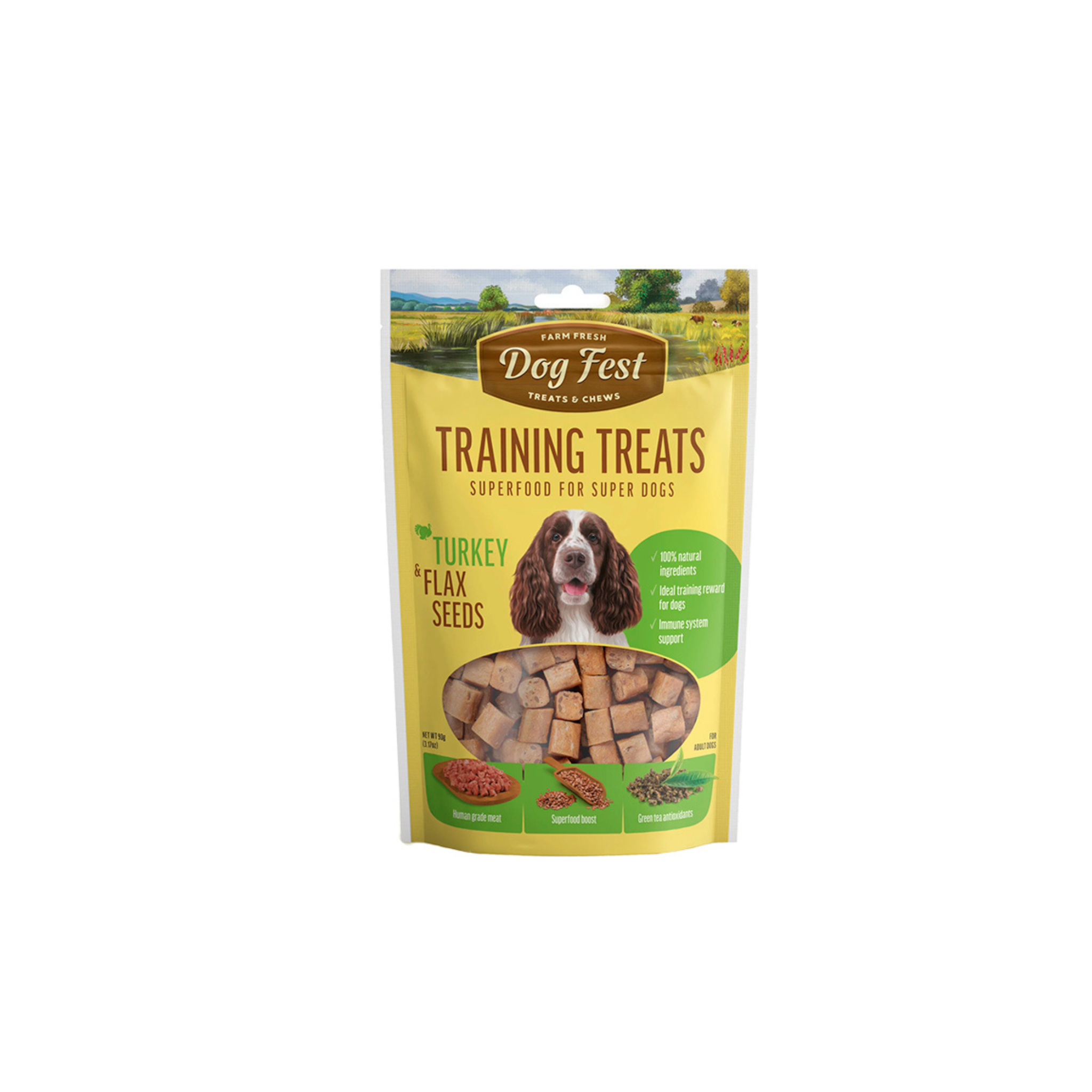 Premio entrenamiento para perros Dogfest Training pavo y semillas de linaza 90 GR