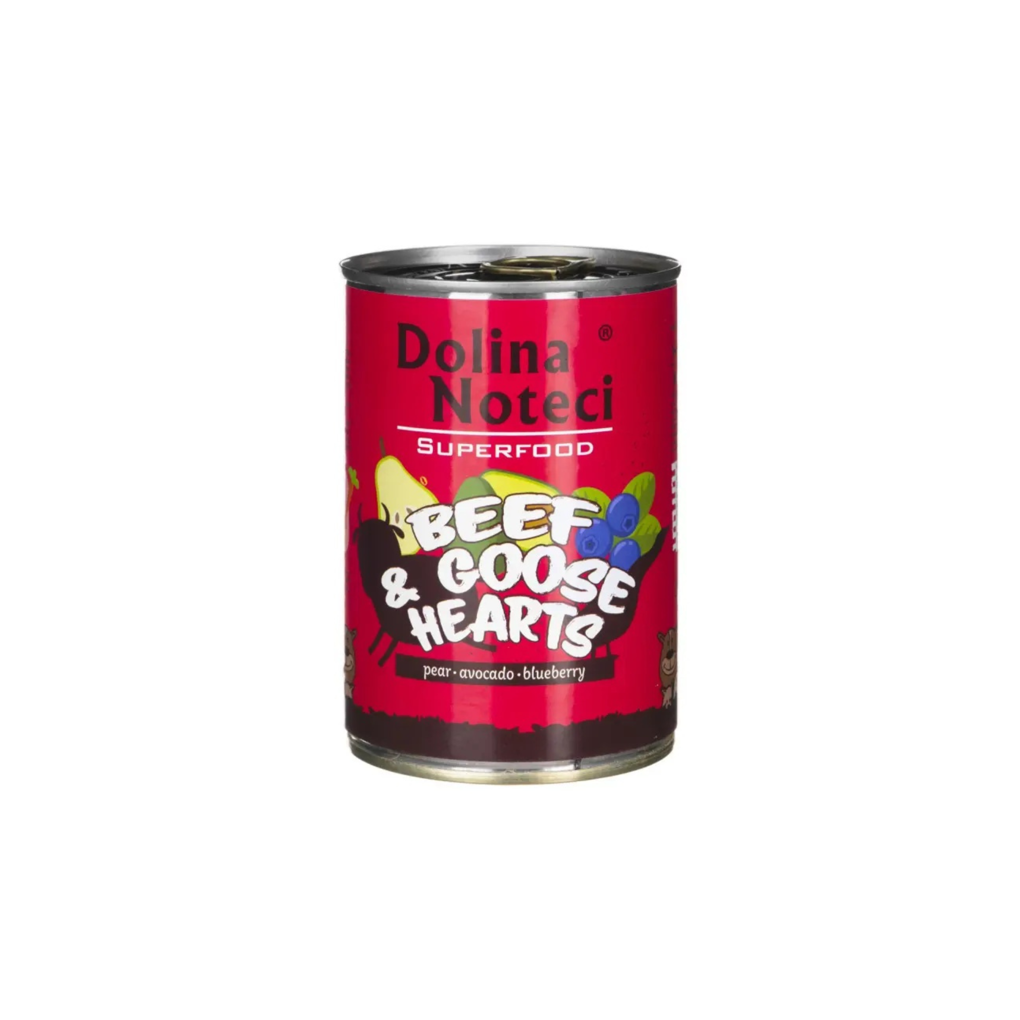Alimento húmedo lata para perros adultos Dolina Noteci SuperFood vacuno y corazón de ganso 400 GR