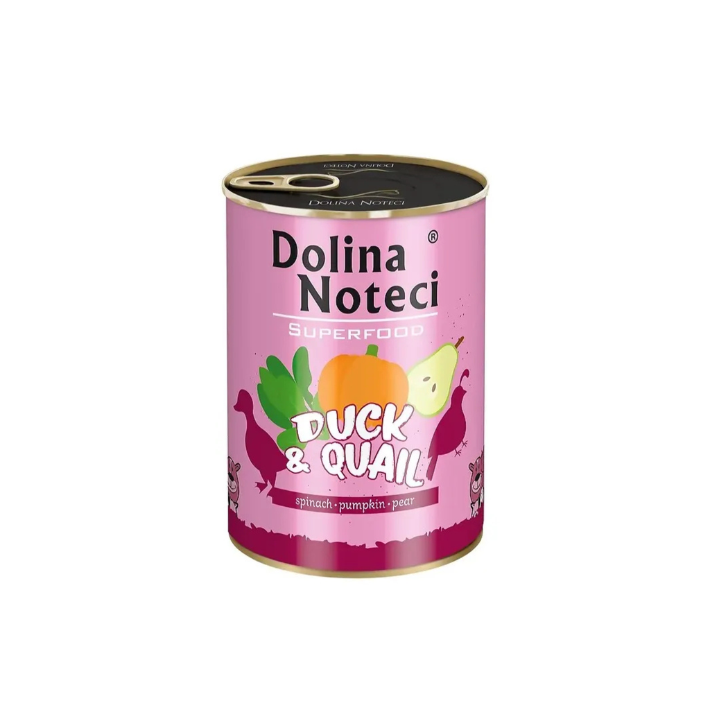 Alimento húmedo lata para perros adultos Dolina Noteci SuperFood pato y codorniz 400 GR