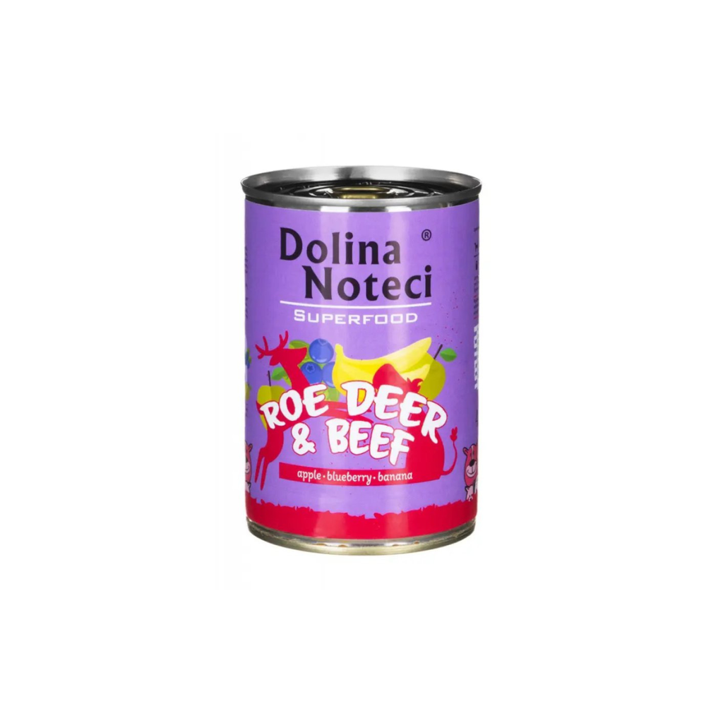Alimento húmedo lata para perros adultos Dolina Noteci SuperFood corzo y vacuno 400 GR