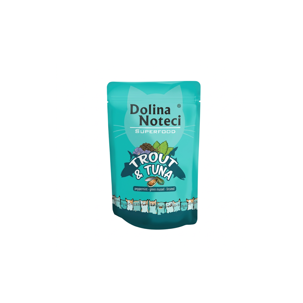 Alimento húmedo para gatos adultos Dolina Noteci SuperFood trucha y atún 85 GR