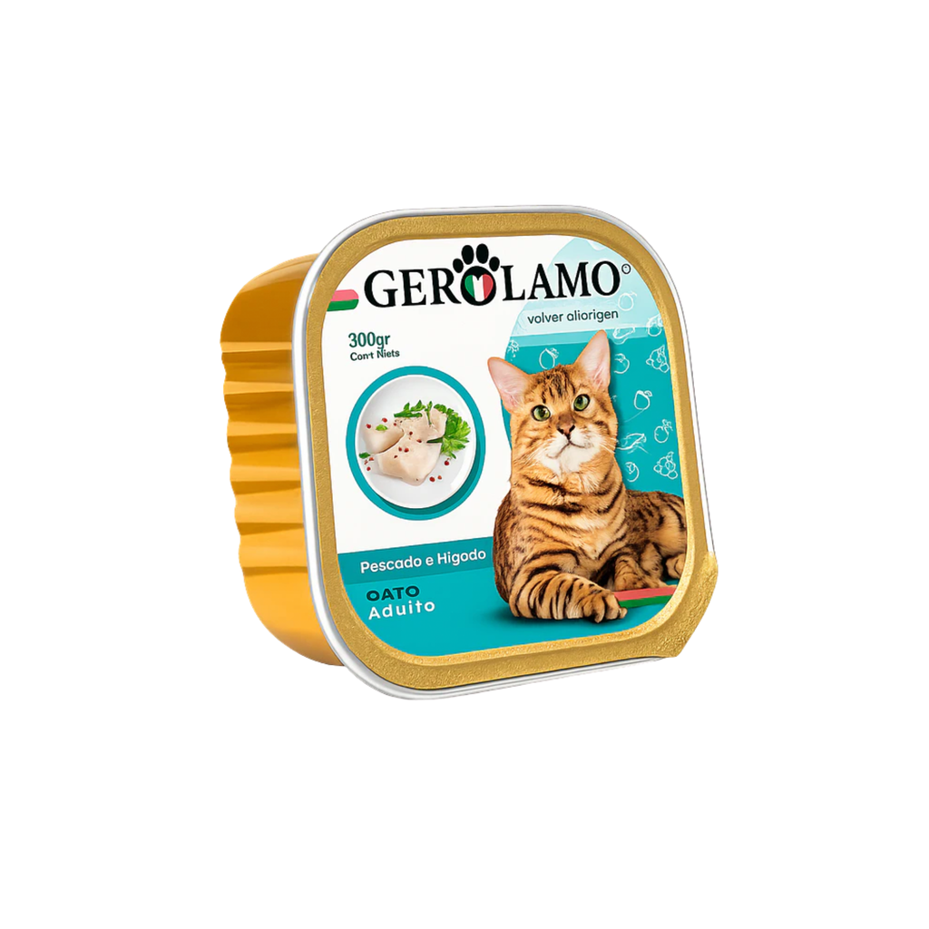 Alimento húmedo paté para gatos adultos Gerolamo sabor pescado e hígado 300 GR fondo blanco