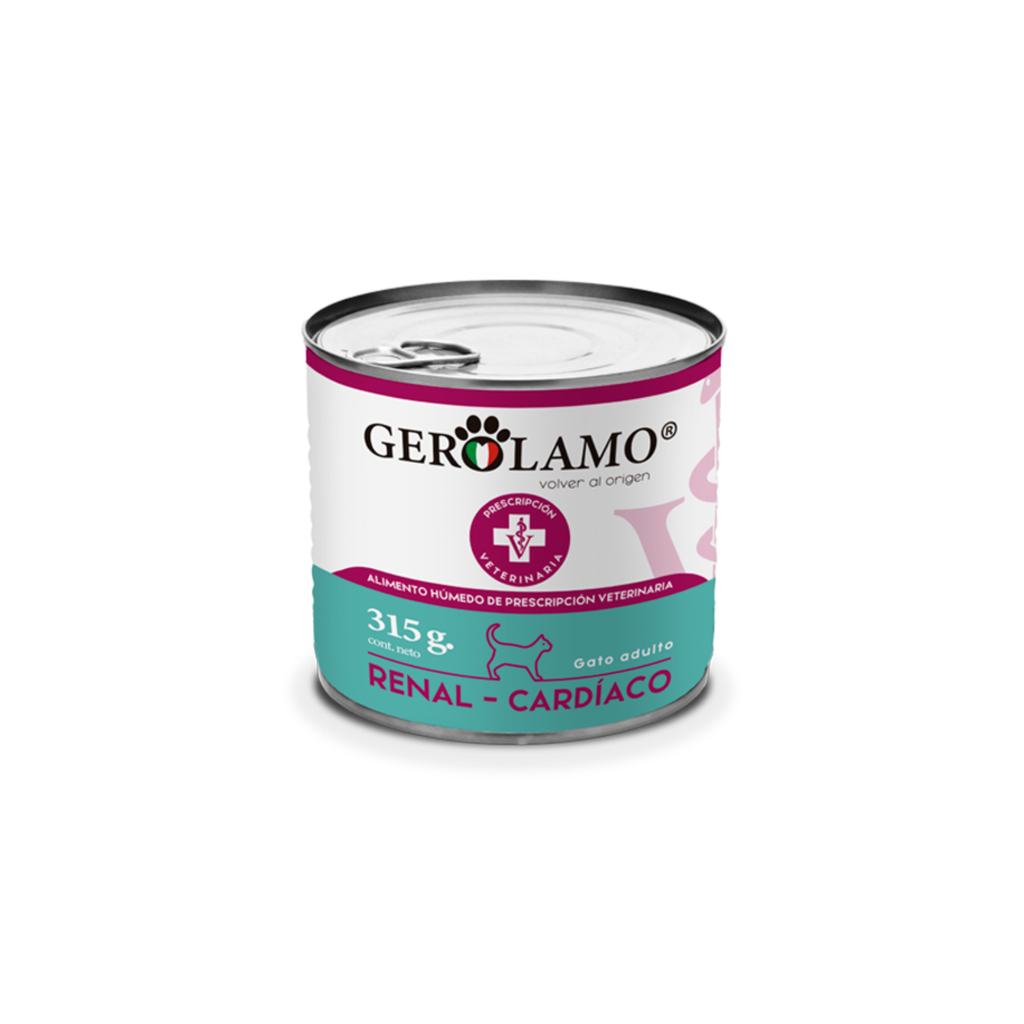 Alimento húmedo prescripción para gatos adultos Gerolamo Renal Cardíaco 315 GR fondo blanco