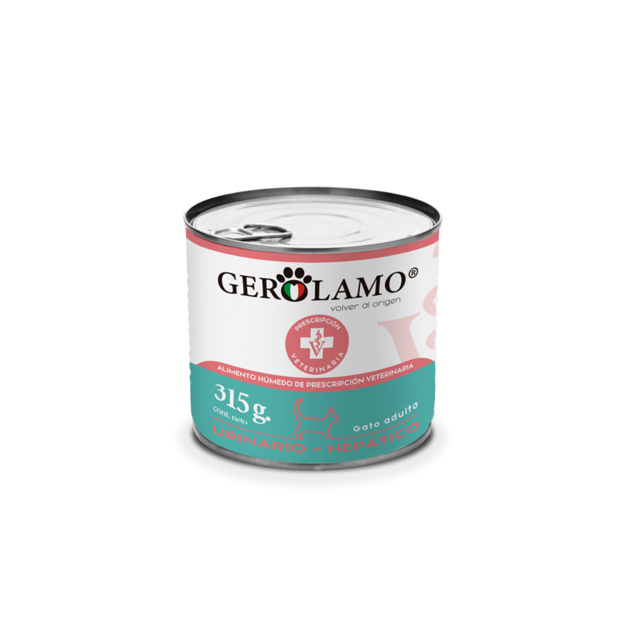 Alimento húmedo prescripción para gatos adultos Gerolamo Urinario Hepático 315 GR fondo blanco