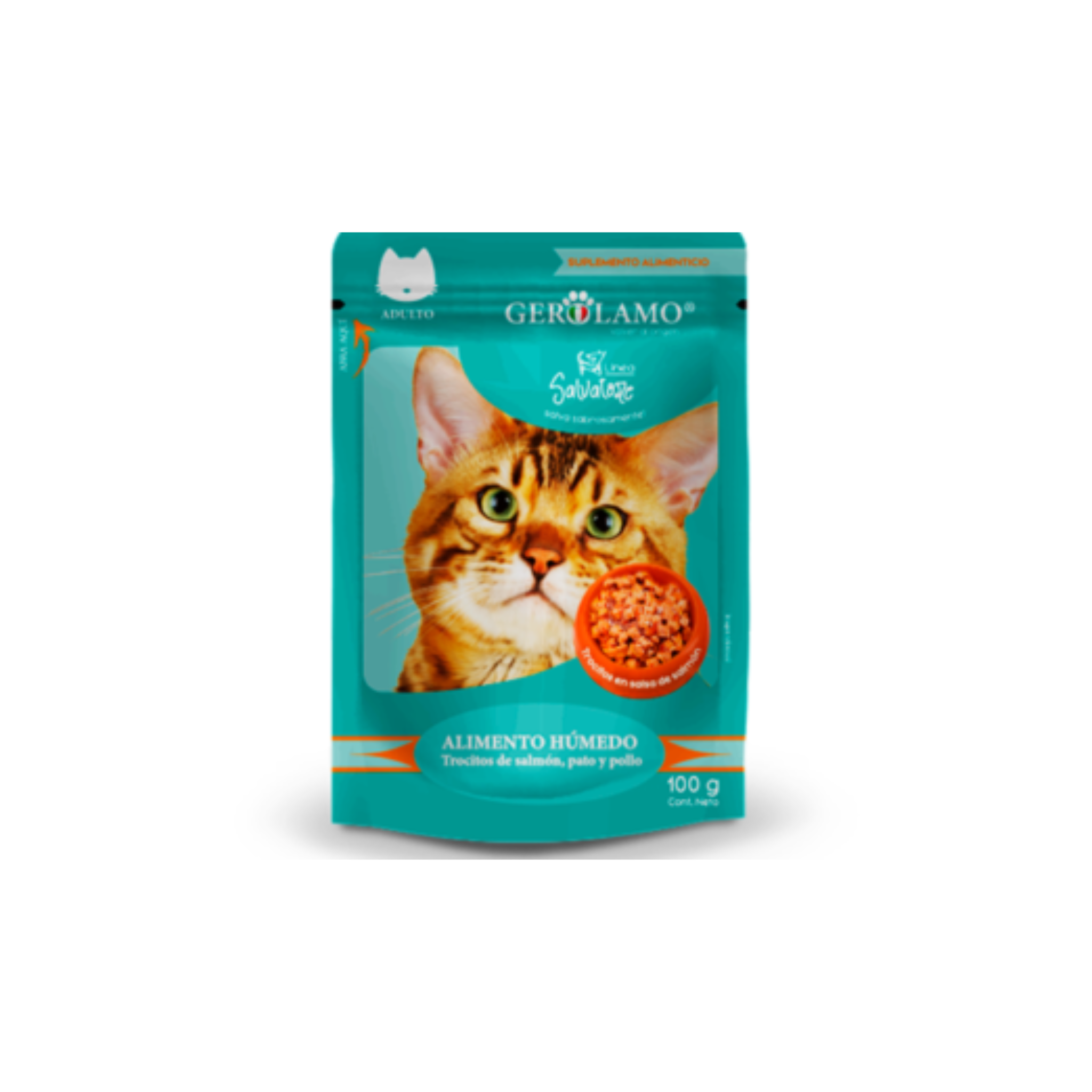Sachet alimento húmedo para gatos adultos Gerolamo Salvatore trocitos en salsa salmón 100 GR fondo blanco
