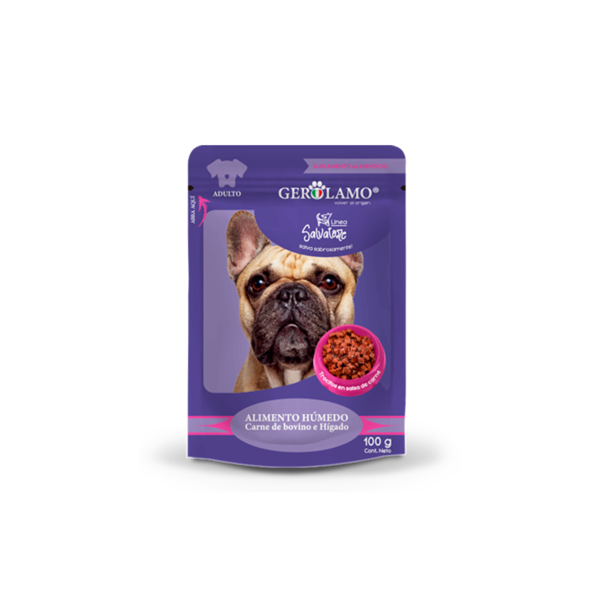 Sachet alimento húmedo para perros adultos Gerolamo Salvatore trocitos en salsa sabor carne 100 GR fondo blanco