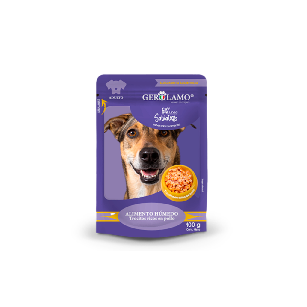 Sachet alimento húmedo para perros adultos Gerolamo Salvatore trocitos en salsa sabor pollo 100 GR fondo blanco