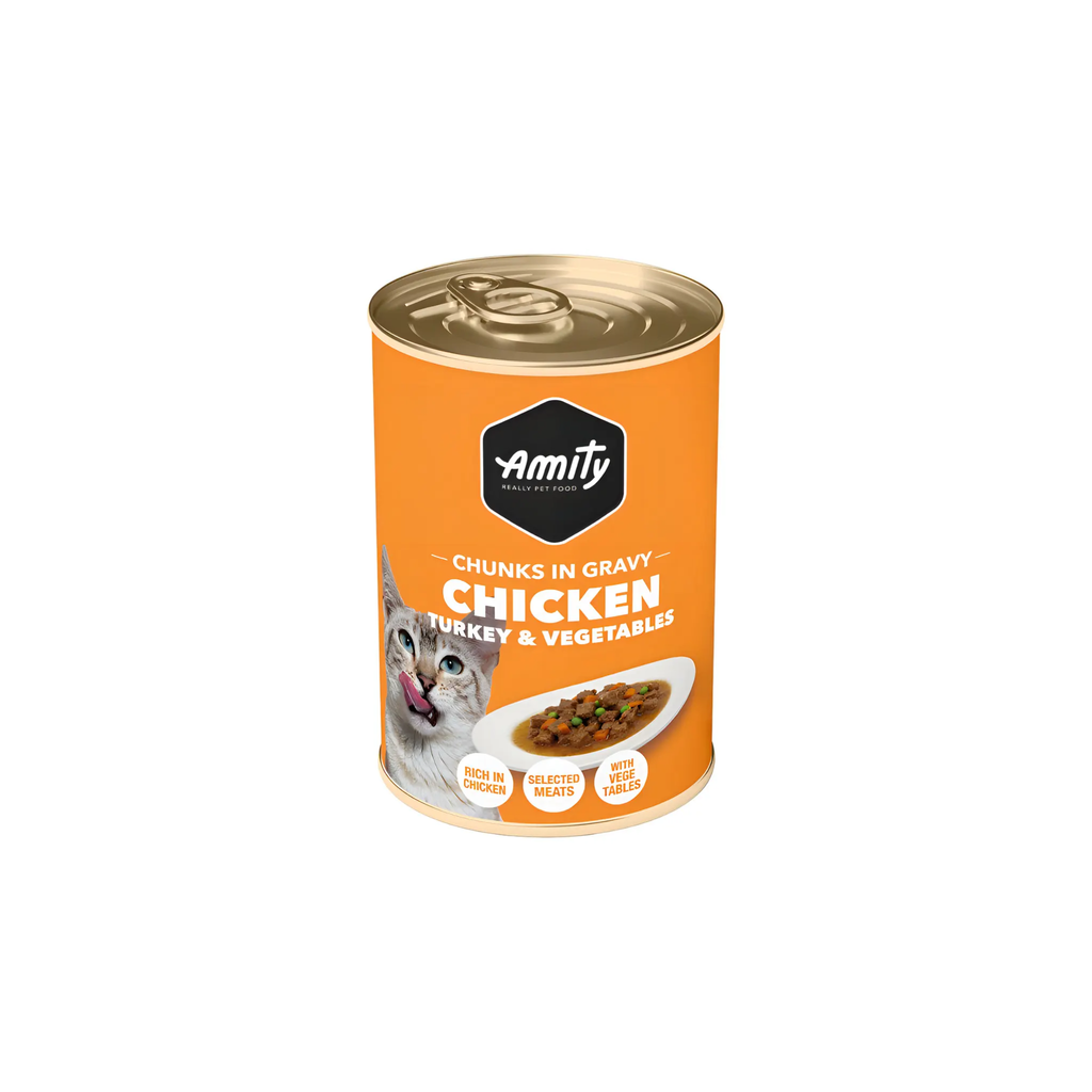 Alimento húmedo lata para gatos adultos Amity Pollo Pavo y Vegetales 400 grms