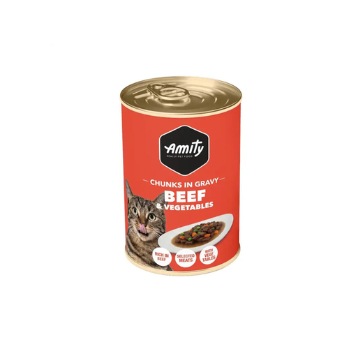 Alimento húmedo lata para gatos adultos Amity Beef y Vegetales 400 grms