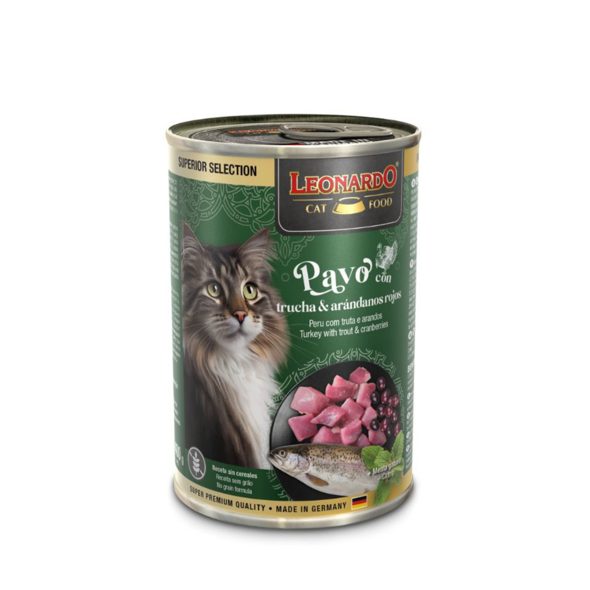 Lata Leonardo de Pavo con Trucha gato adulto