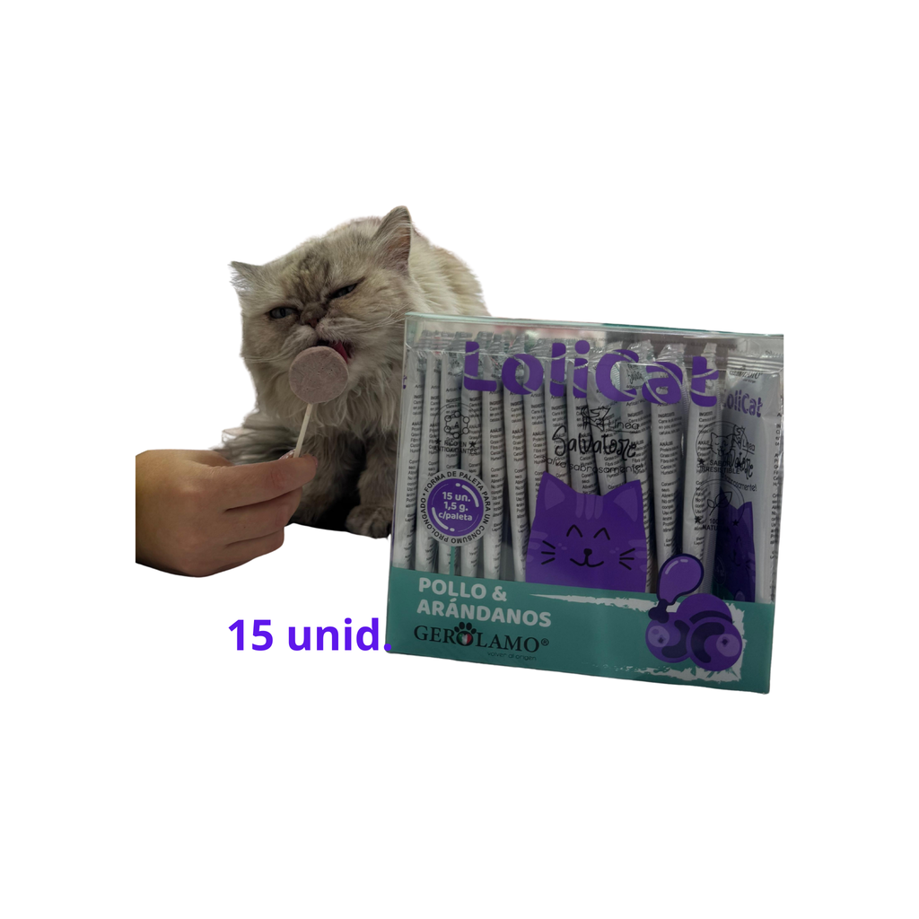 Snack premio para gatos Gerolamo Salvatore LoliCat pollo y arándano pack 15 unidades fondo blanco
