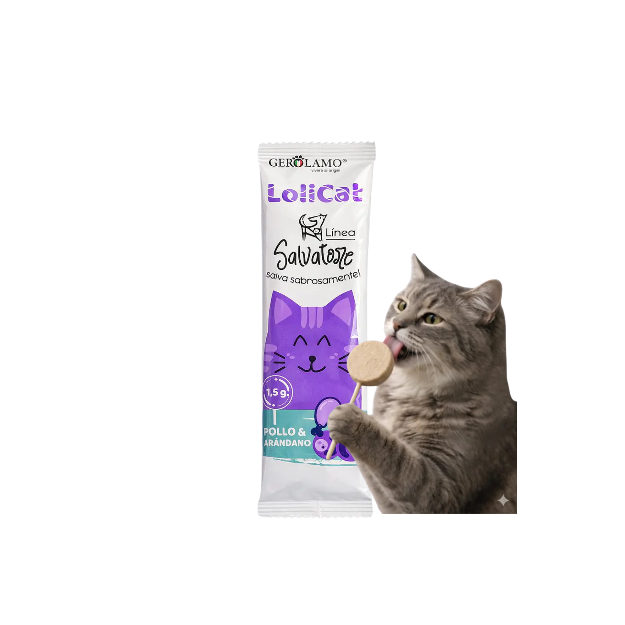 Snack premio para gatos Gerolamo Salvatore LoliCat pollo y arándano individual fondo blanco