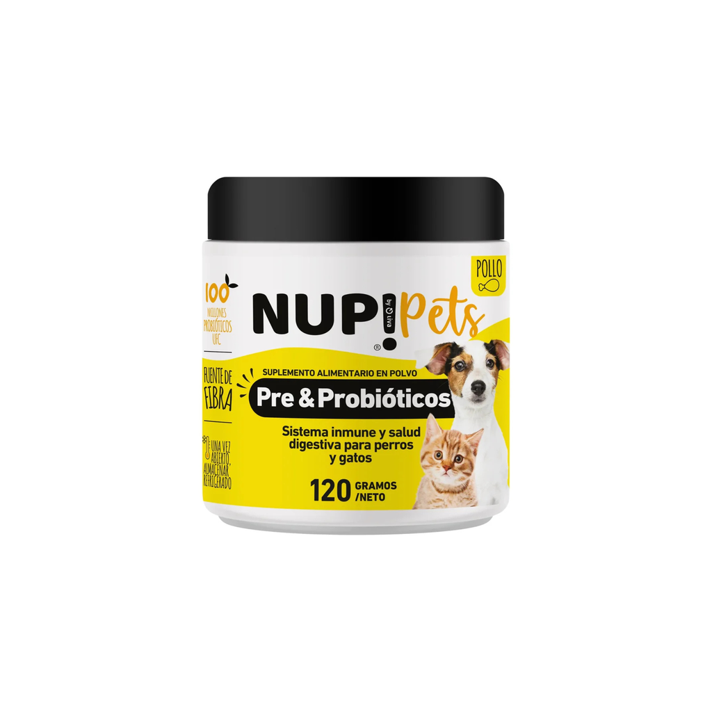 Suplemento pre y probióticos en polvo para perros y gatos NUP Pets sabor pollo 120 GR