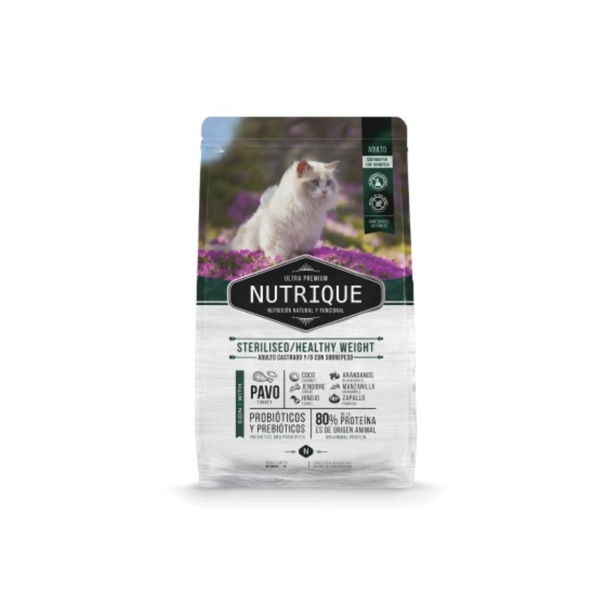 Alimento seco super premium para gatos esterilizados y con sobrepeso Nutrique Cat Sterilised Healthy Weight 2 KG fondo blanco