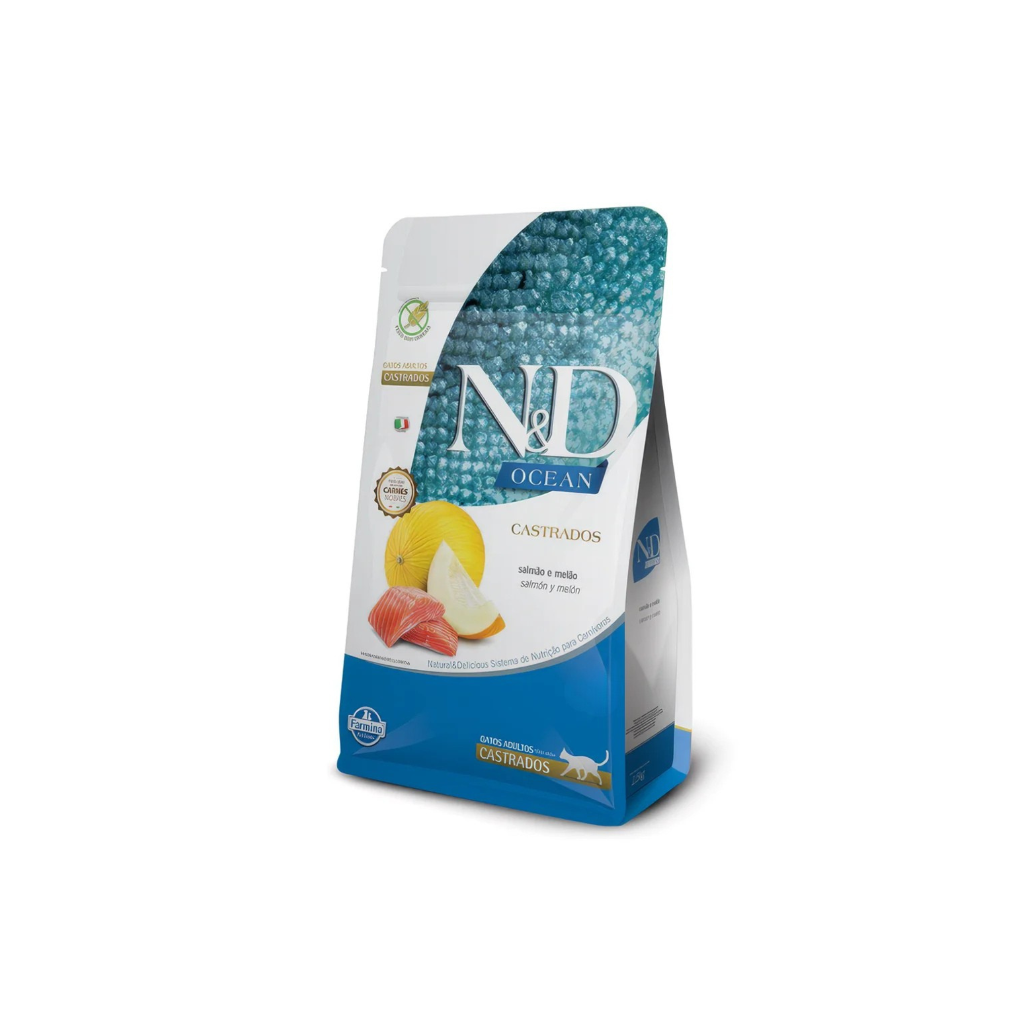 Alimento seco sin cereales para gatos adultos castrados N&D Ocean Farmina salmón y melón 7.5 KG fondo blanco