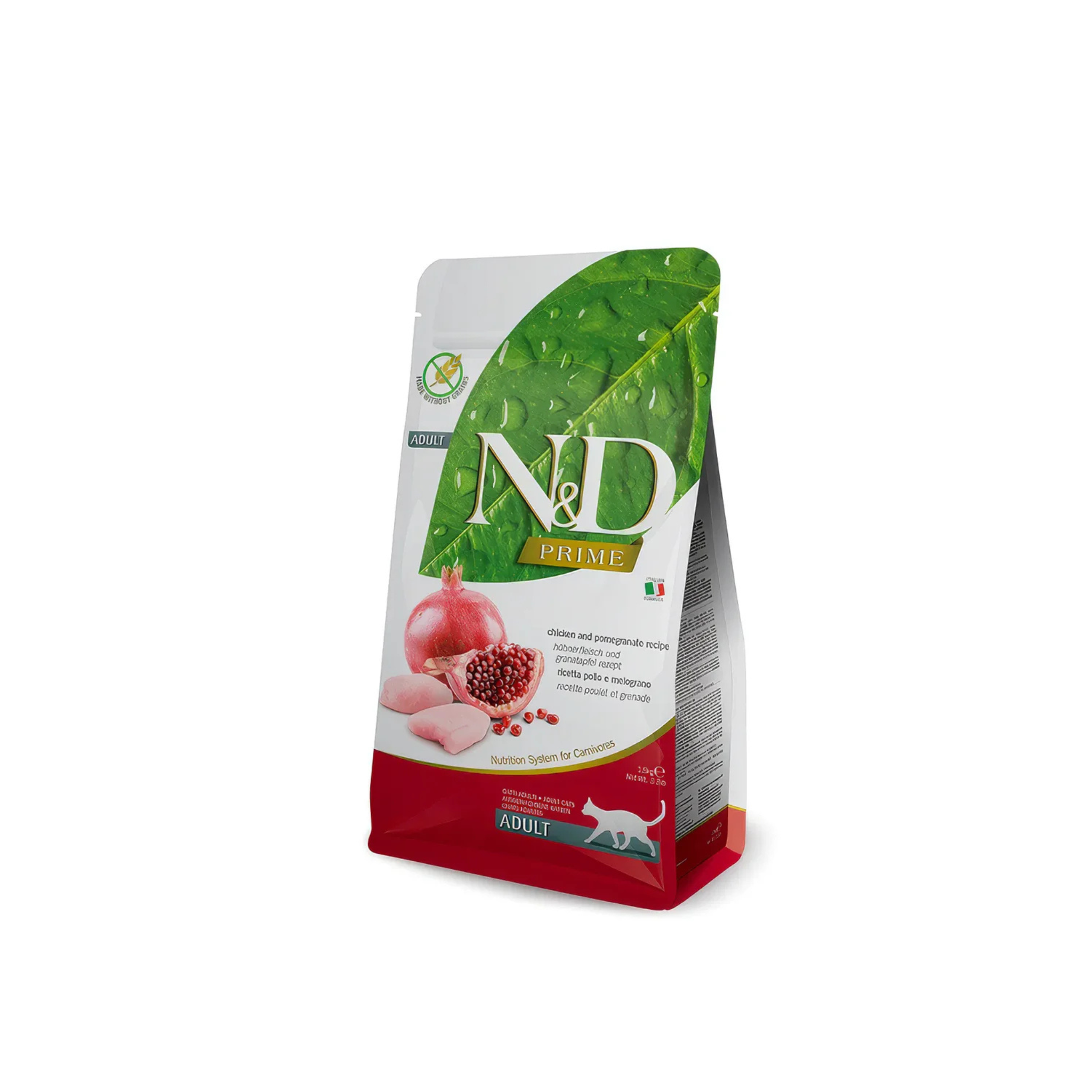 Alimento seco sin cereales para gatos adultos N&D Prime Farmina pollo y granada 7.5 KG fondo blanco
