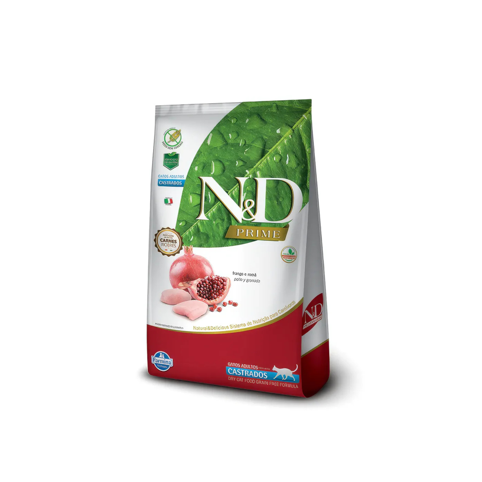 Alimento seco sin cereales para gatos adultos castrados N&D Prime Farmina pollo y granada 1.5 KG fondo blanco