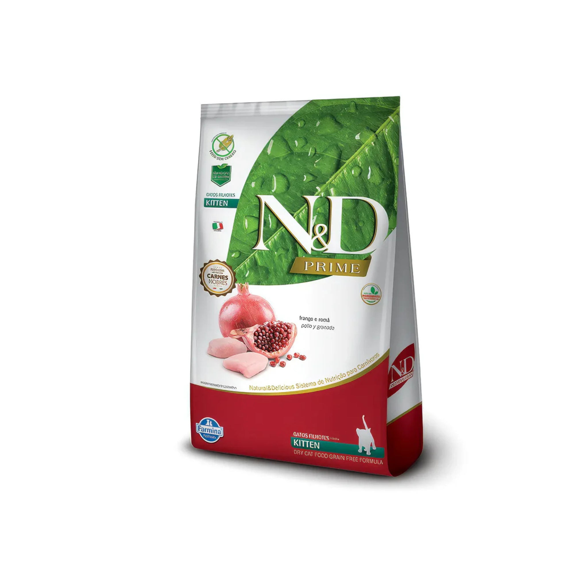 Alimento seco sin cereales para gatitos y gatas gestantes N&D Prime Farmina pollo y granada Kitten 7.5 KG fondo blanco