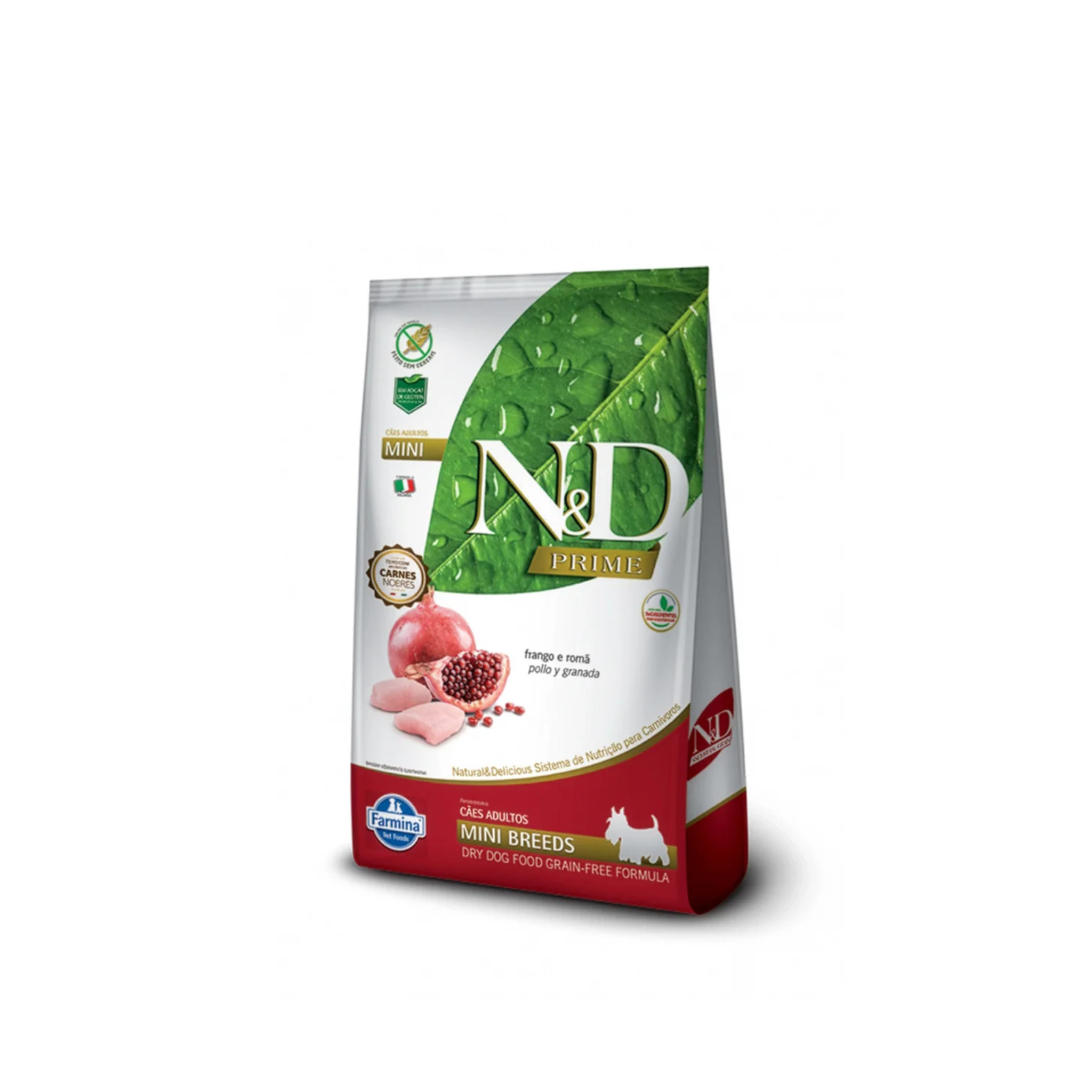 Alimento seco sin cereales para perros adultos razas pequeñas N&D Prime Farmina pollo y granada 2.5 KG fondo blanco