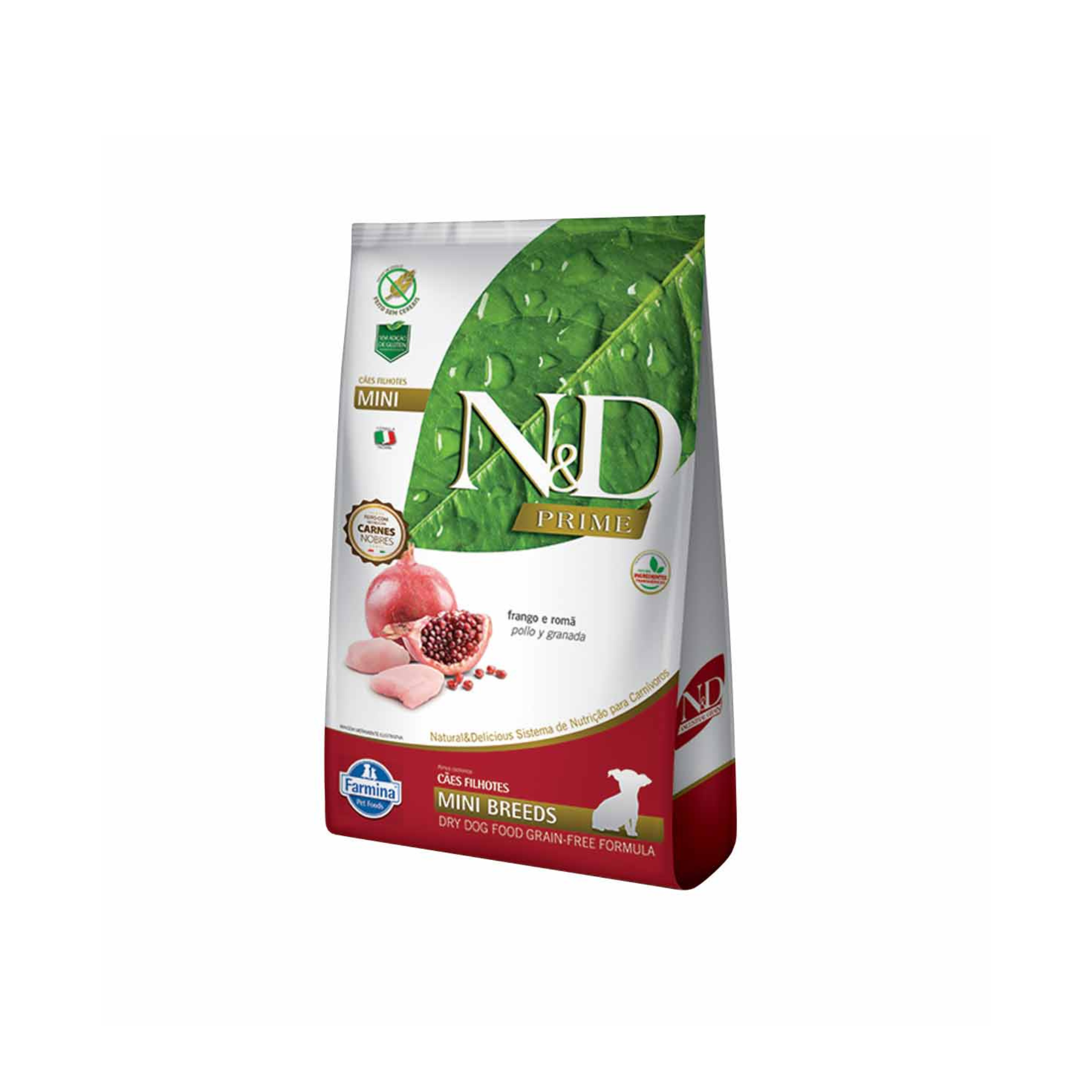 Alimento seco sin cereales para cachorros razas pequeñas N&D Prime Farmina pollo y granada Puppy Mini 2 KG fondo blanco