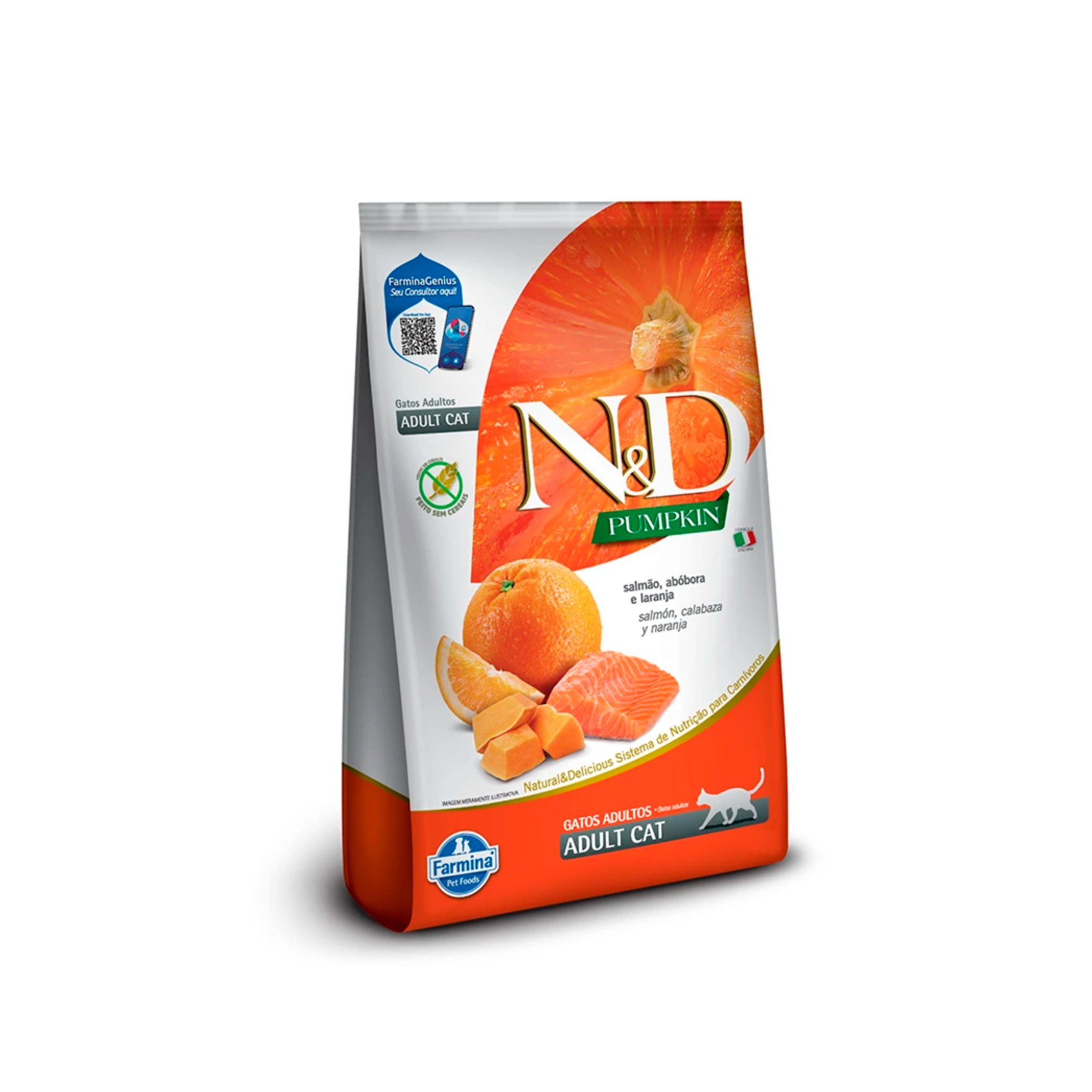 Alimento seco sin cereales para gatos adultos N&D Pumpkin Farmina salmón y calabaza 1.5 KG fondo blanco