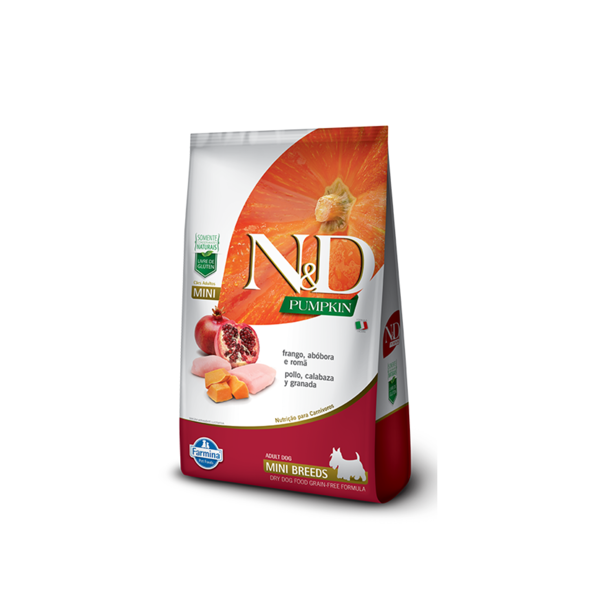Alimento seco sin cereales para perros adultos razas pequeñas N&D Pumpkin Farmina pollo y calabaza 2.5 KG fondo blanco