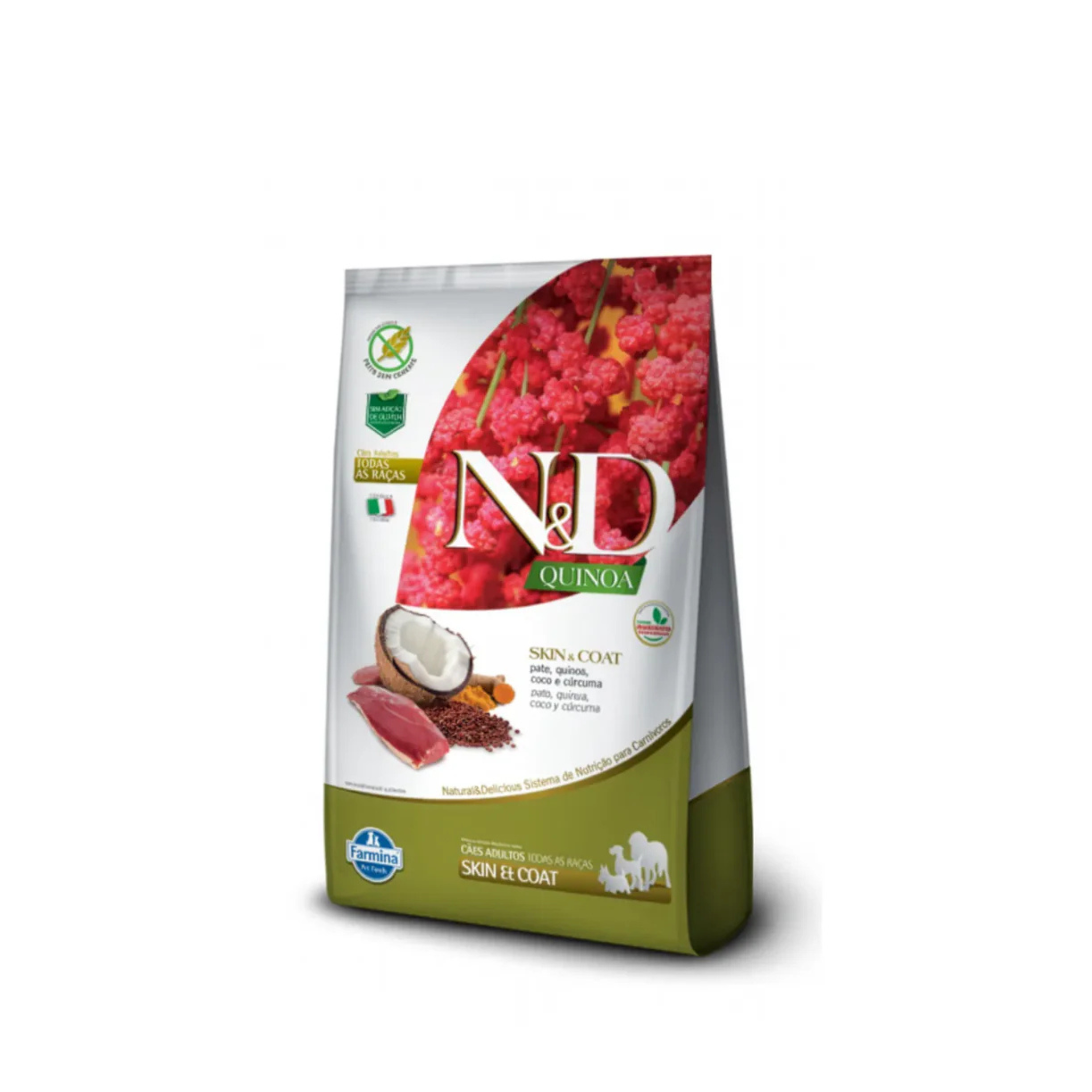 Alimento seco sin cereales para perros adultos piel sensible N&D Quinoa Farmina pato y quinoa 2.5 KG fondo blanco