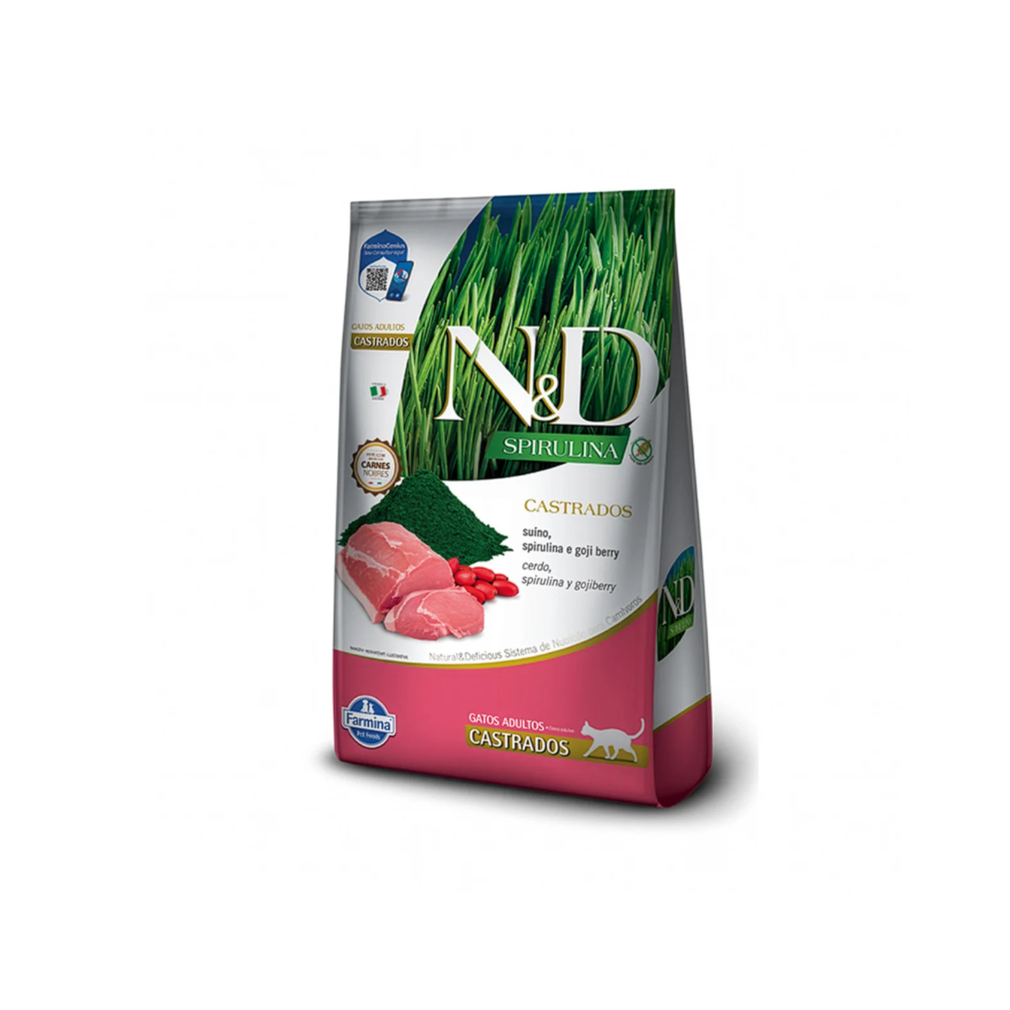 Alimento con cereales y frutas tropicales para gatos adultos castrados N&D Tropical Farmina cerdo 7 KG fondo blanco