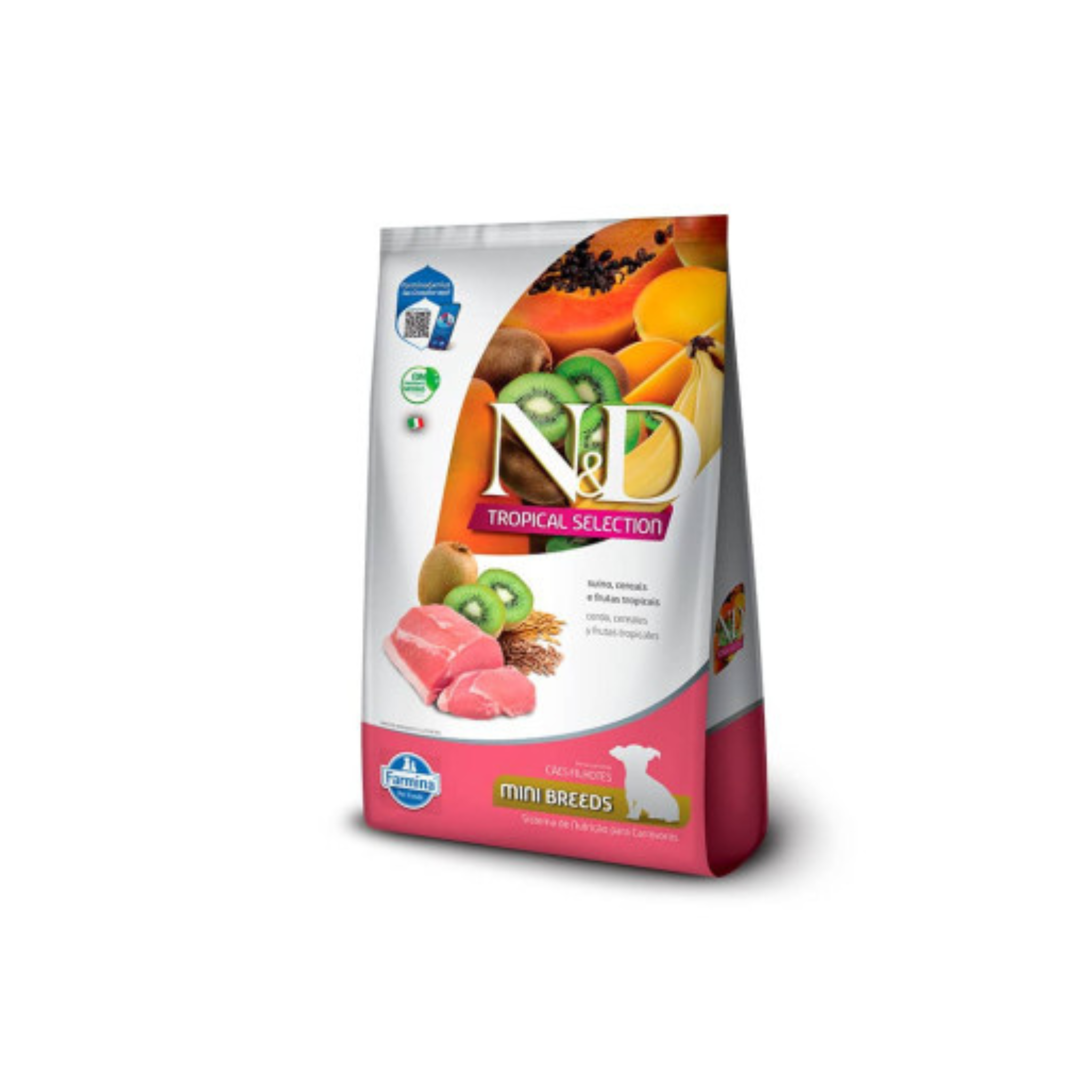 Alimento con cereales y frutas tropicales para cachorros razas pequeñas N&D Tropical Farmina cerdo 2.5 KG fondo blanco