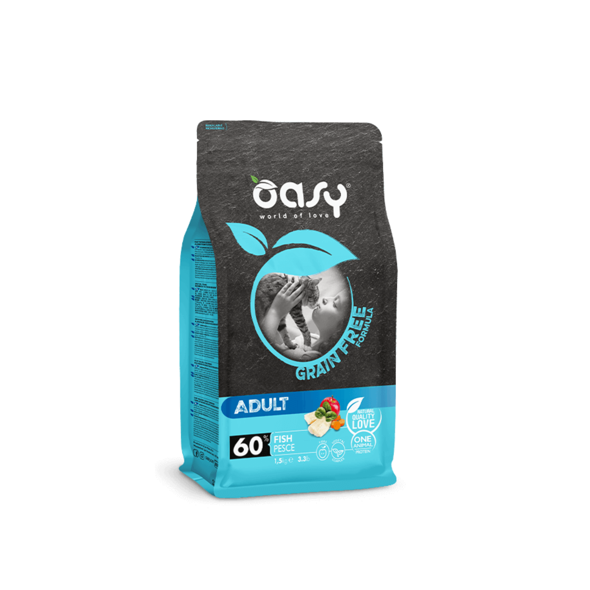 Alimento seco sin cereales para gatos adultos Oasy Grain Free Formula pescado 7.5 KG fondo blanco