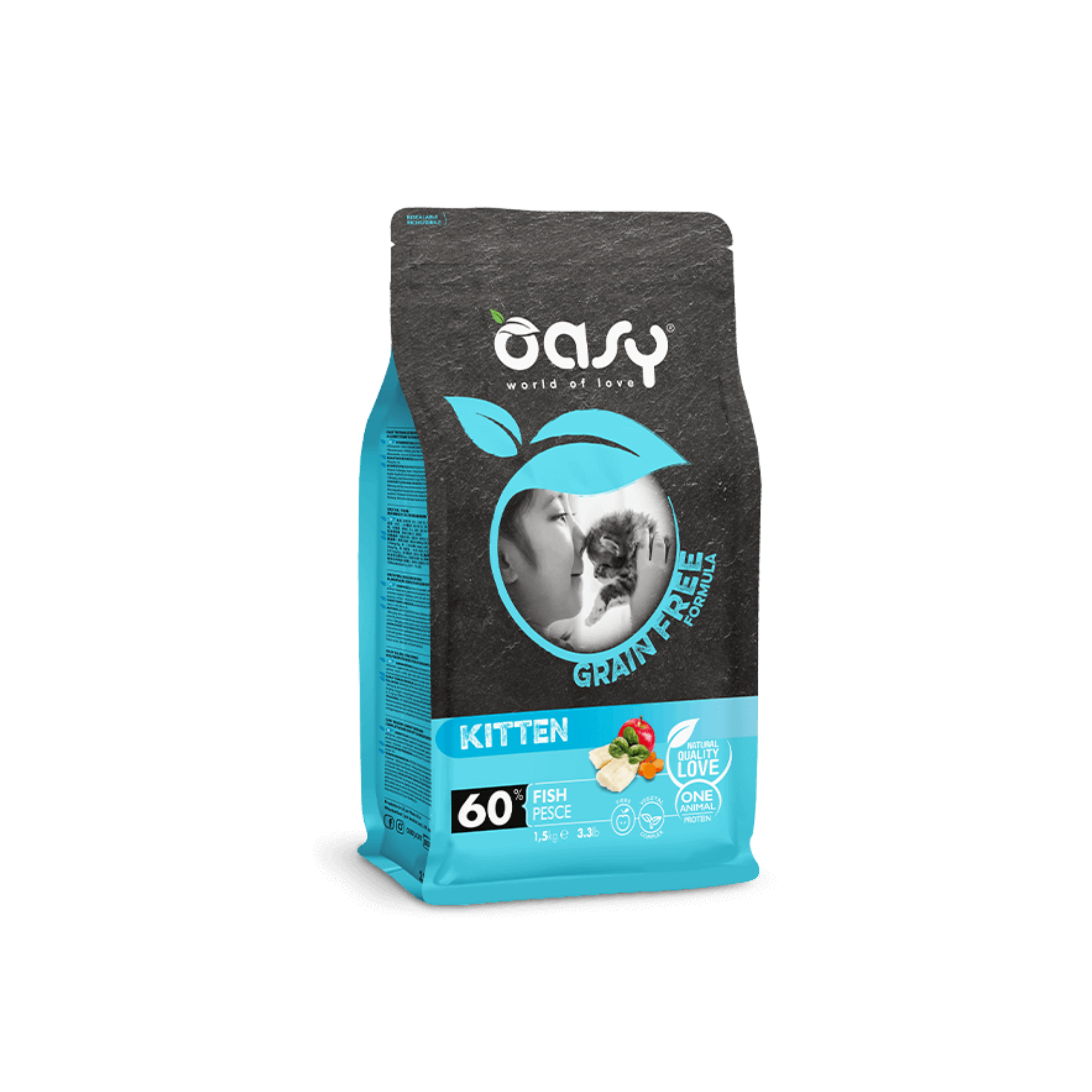 Alimento seco sin cereales para gatitos y gatas gestantes Oasy Grain Free Kitten Formula pescado 1.5 KG fondo blanco