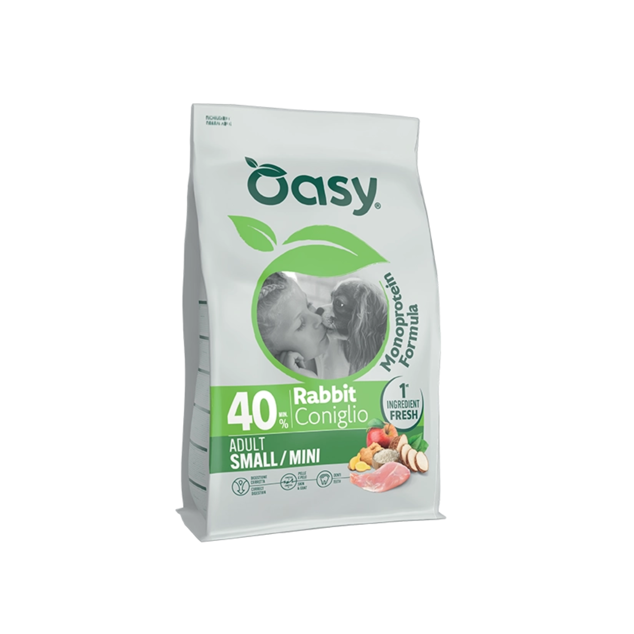 Alimento seco monoproteico para perros adultos talla pequeña Oasy One Animal Protein conejo 2.5 KG fondo blanco