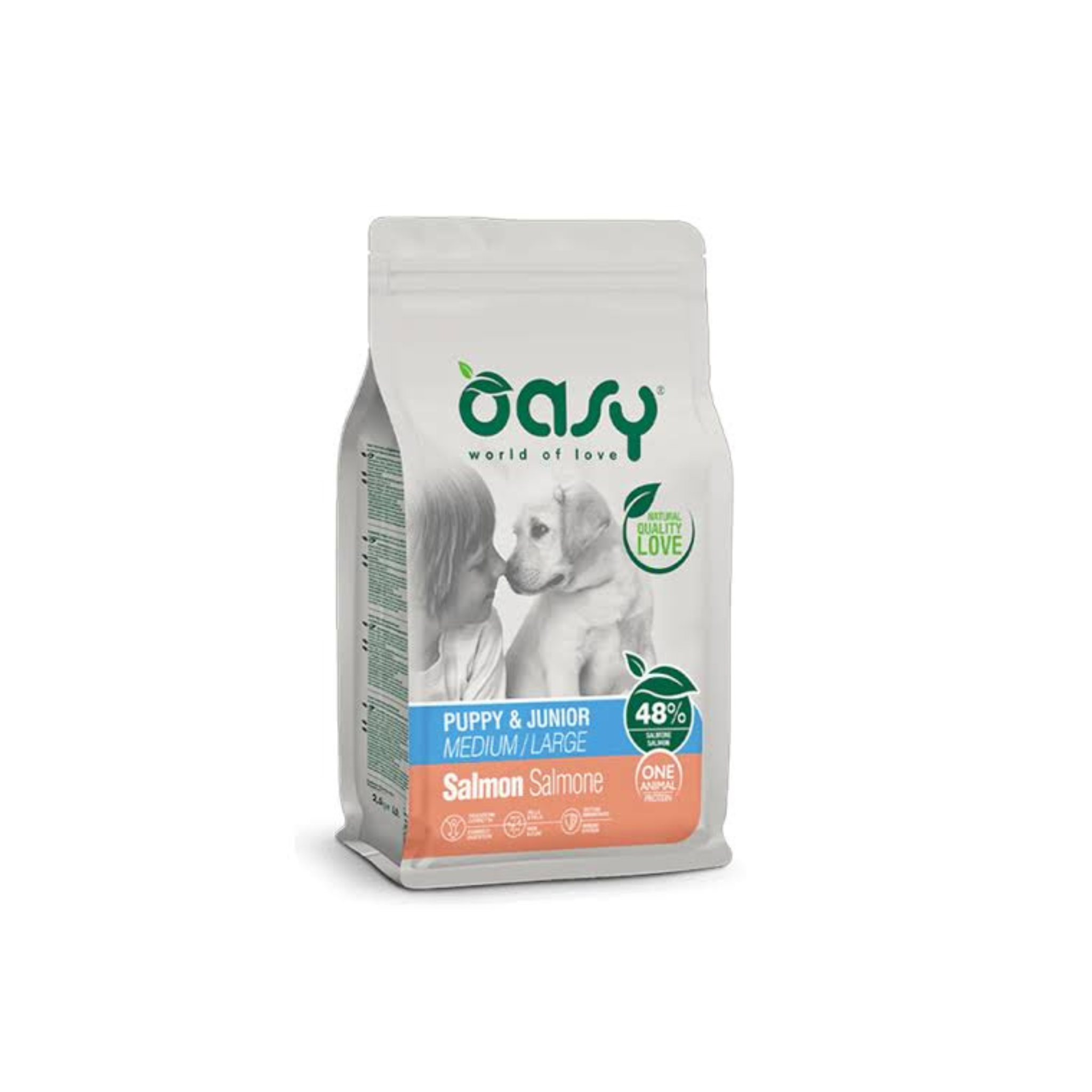 Alimento seco monoproteico para cachorros razas medianas y grandes Oasy One Animal Protein Puppy salmón 12 KG fondo blanco