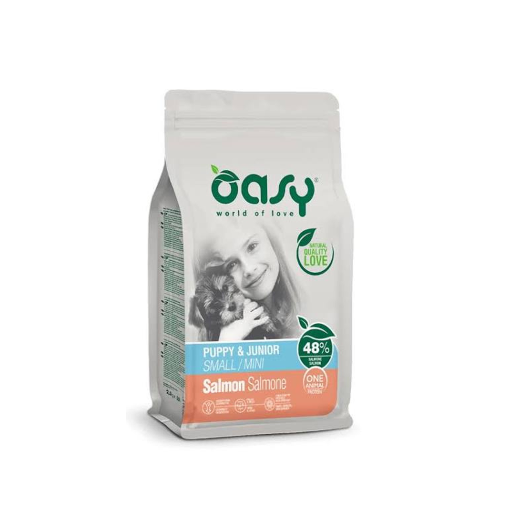 Alimento seco monoproteico para cachorros talla pequeña Oasy One Animal Protein Puppy salmón 2.5 KG fondo blanco