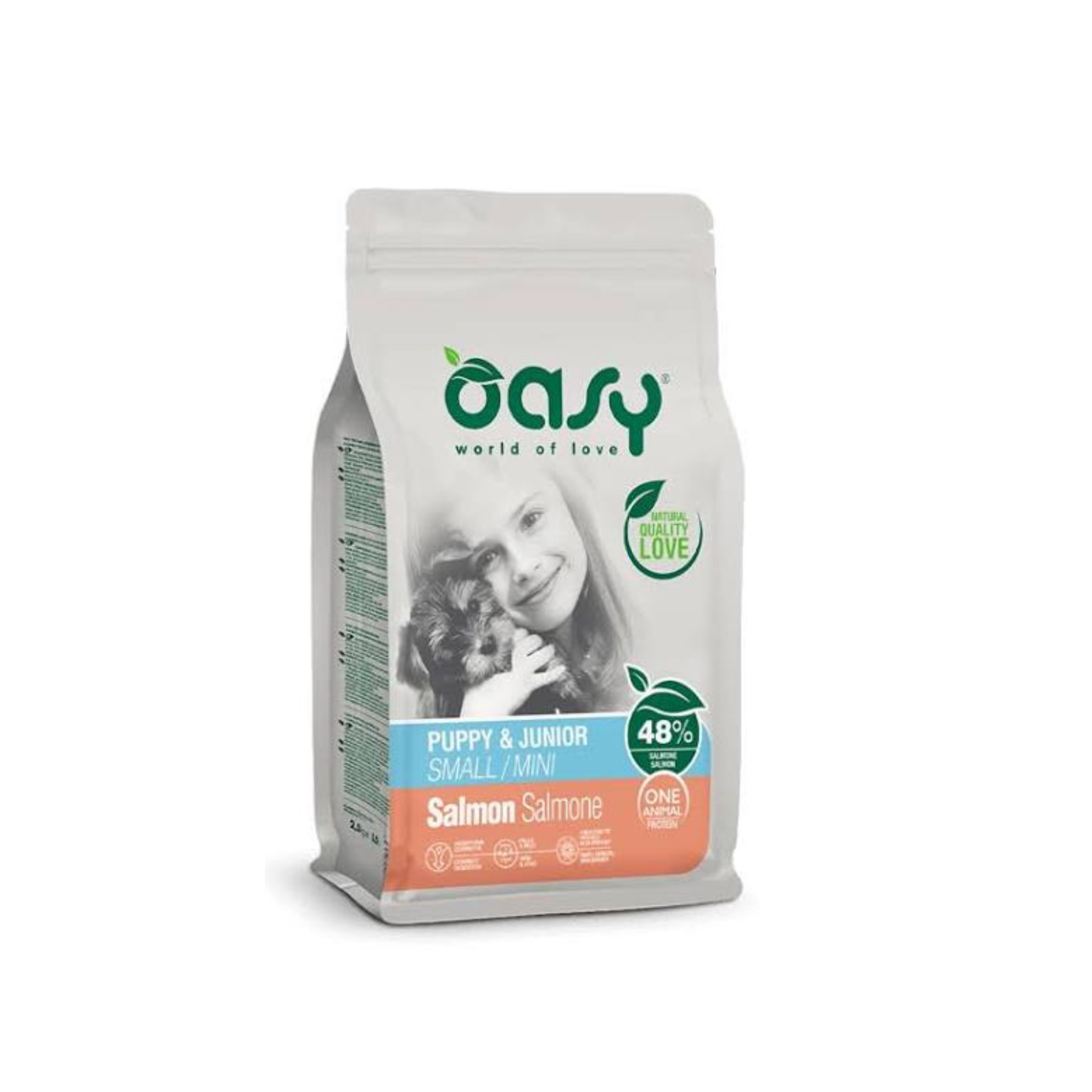 Alimento seco monoproteico para cachorros talla pequeña Oasy One Animal Protein Puppy salmón 2.5 KG fondo blanco