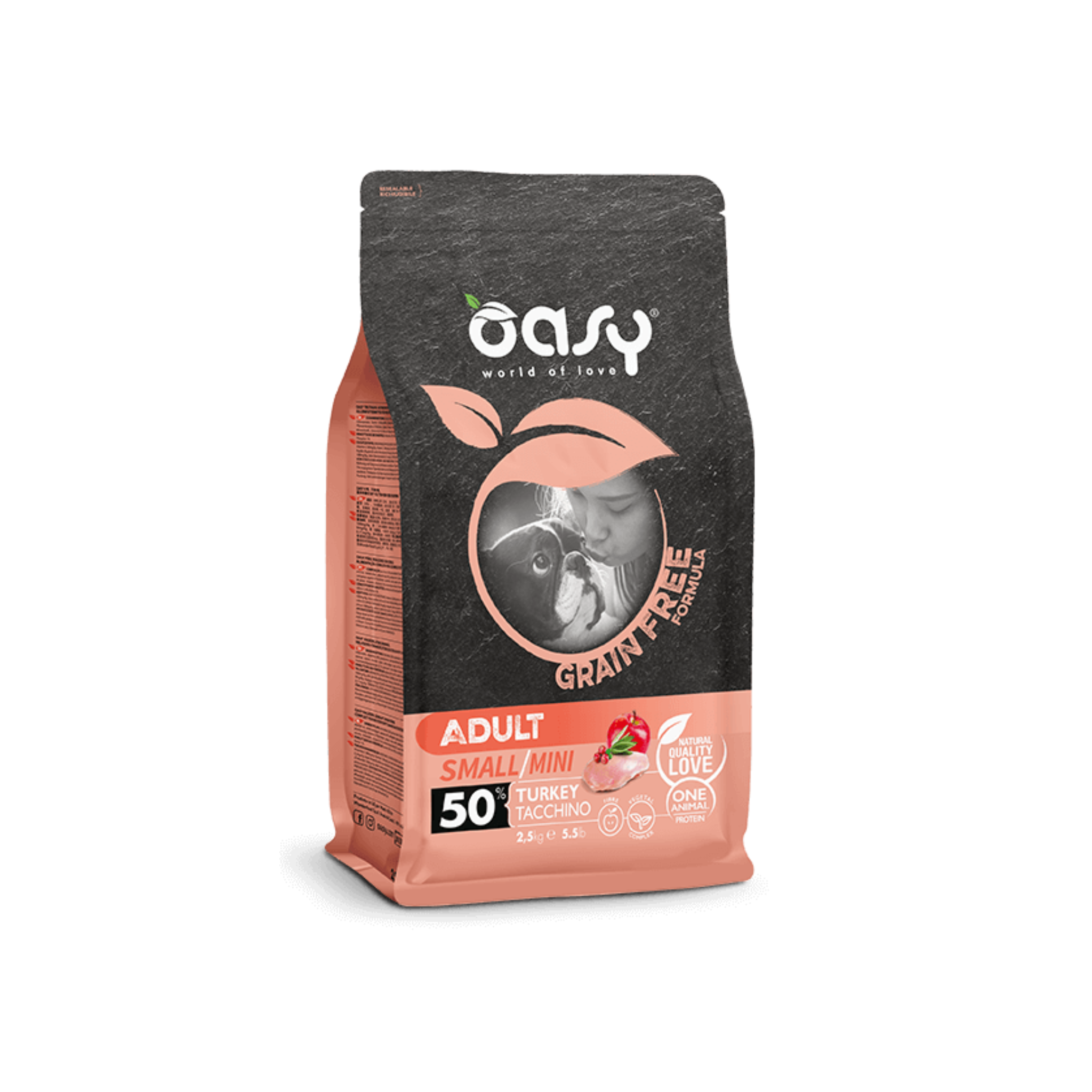 Alimento seco sin cereales para perros adultos talla pequeña Oasy Grain Free Turkey Small Mini 2.5 KG fondo blanco