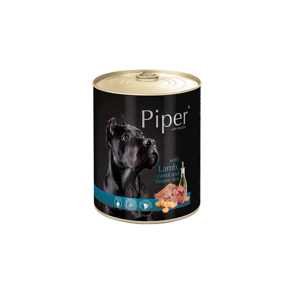 Alimento húmedo lata para perros adultos todas las razas Piper Animals cordero zanahoria y arroz integral 800 GR fondo blanco