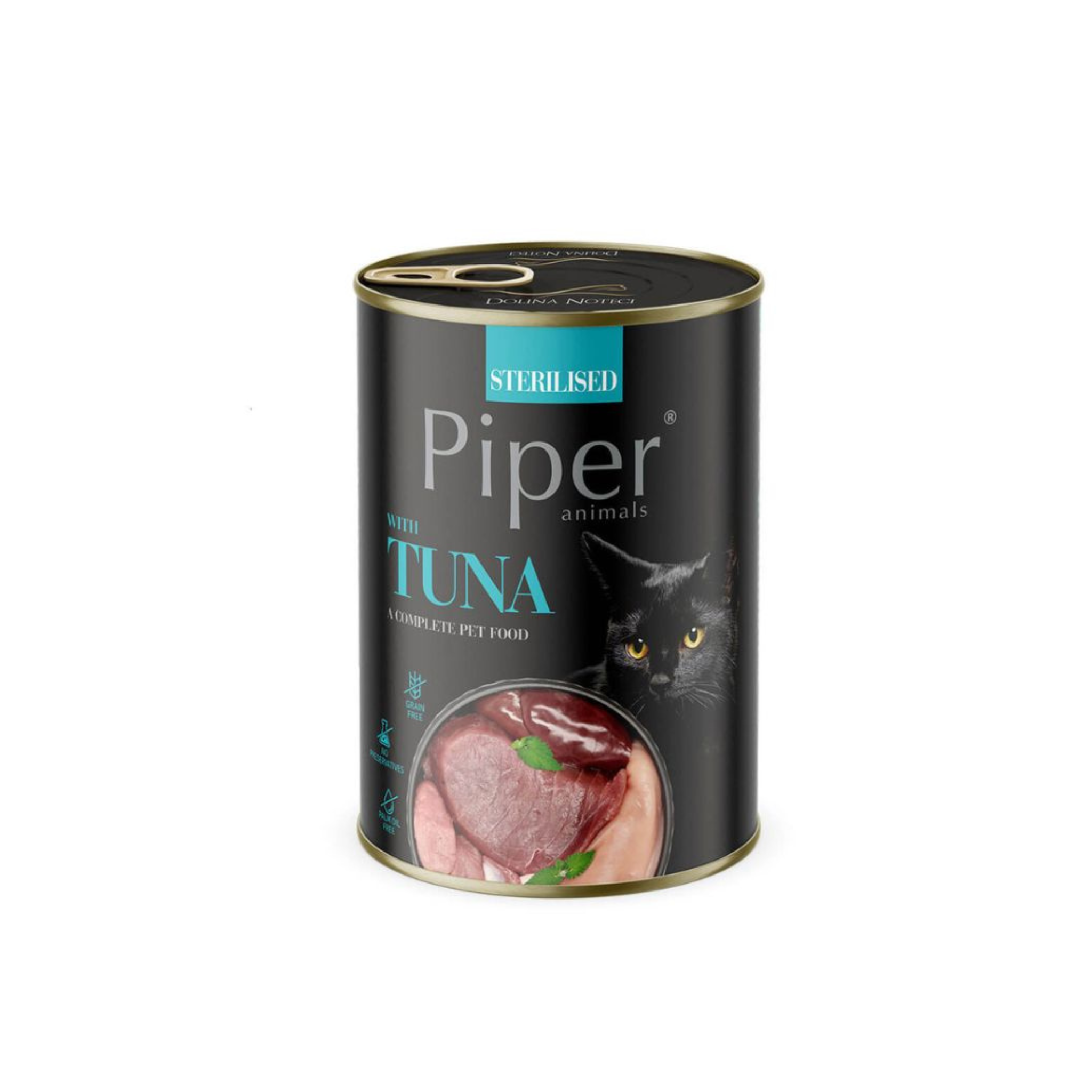 Alimento húmedo lata para gatos adultos todas las razas Piper Animals atún 400 GR fondo blanco