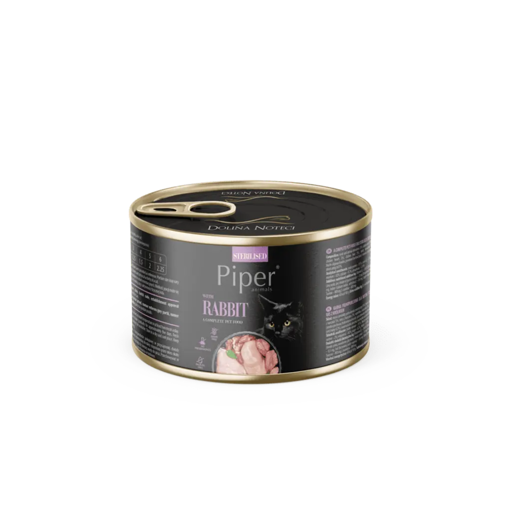 Alimento húmedo lata para gatos adultos esterilizados Piper Animals Sterilised conejo 185 GR fondo blanco