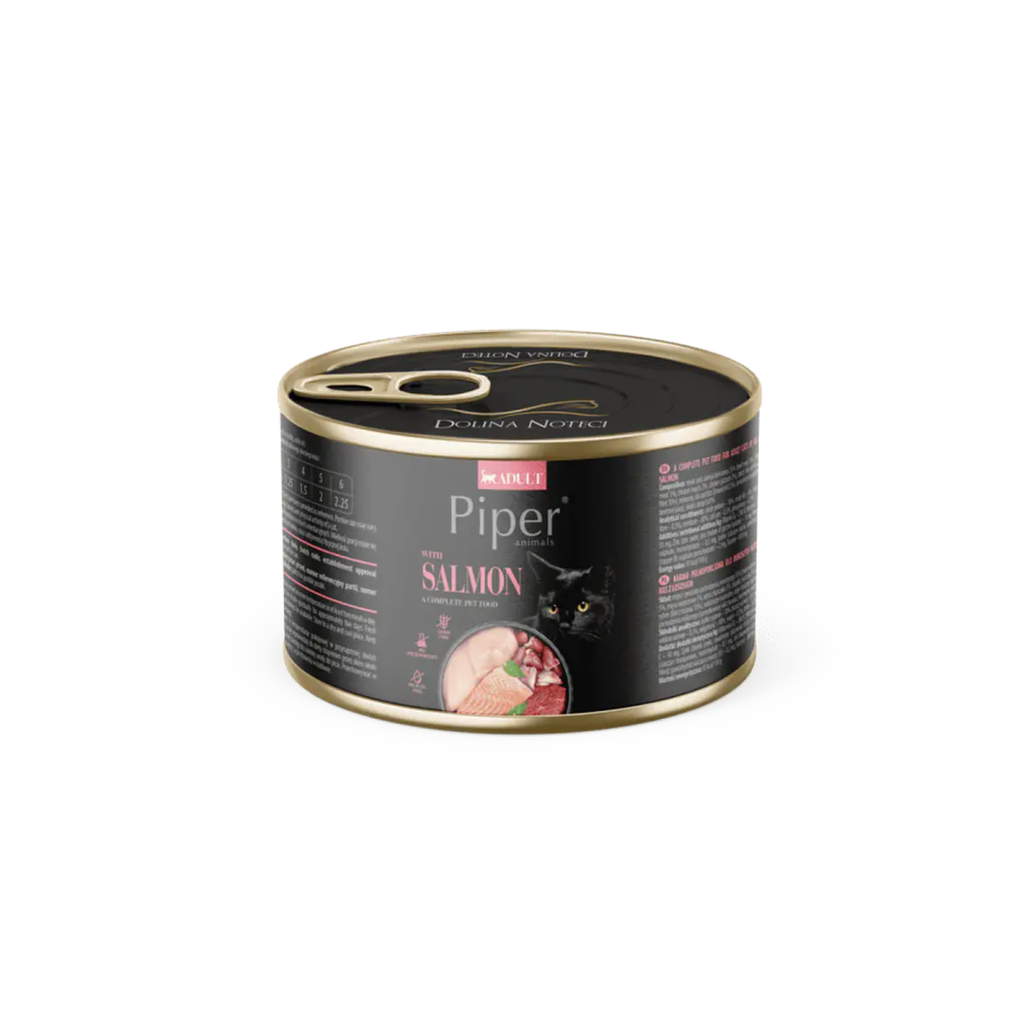 Alimento húmedo lata para gatos adultos todas las razas Piper Animals salmón 185 GR fondo blanco
