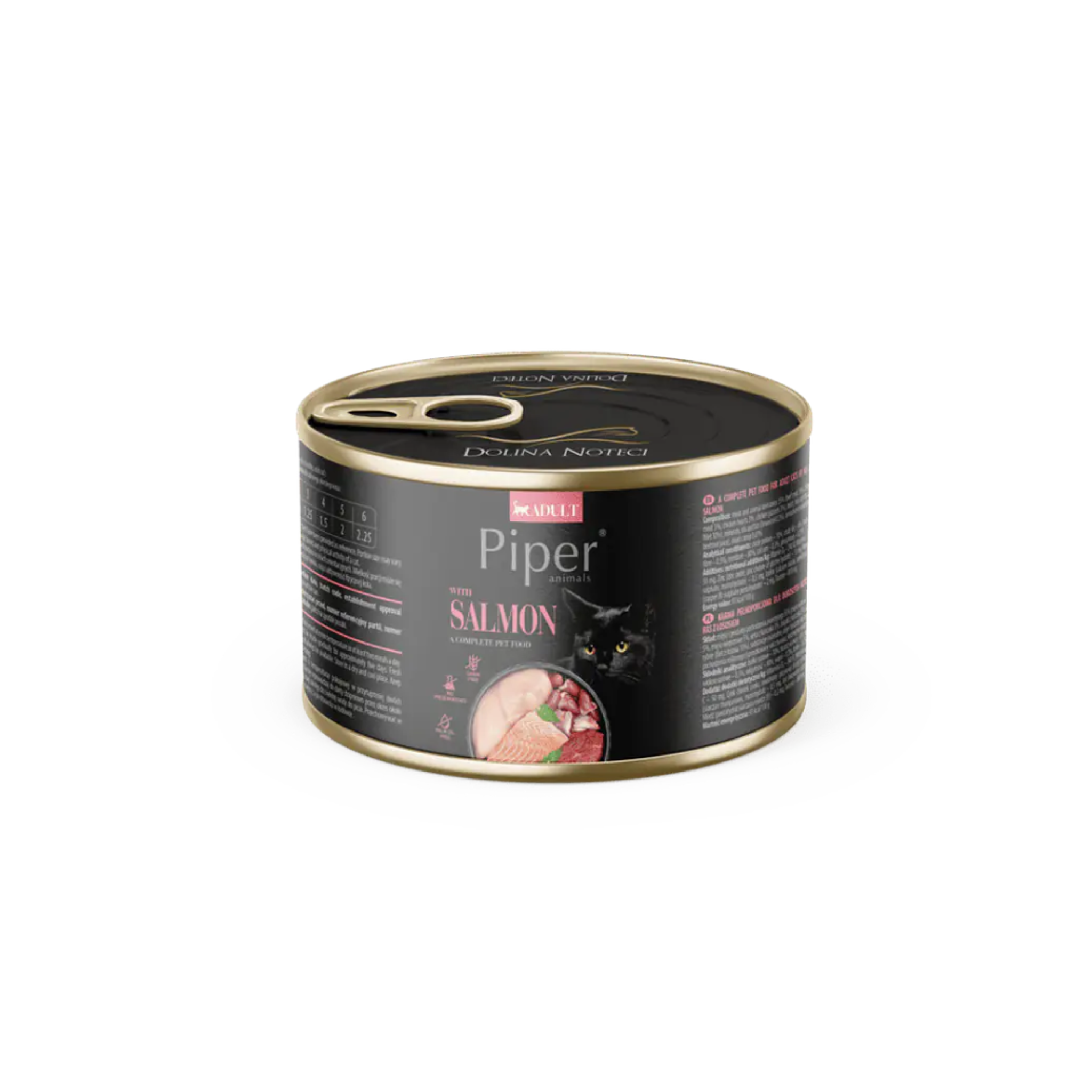 Alimento húmedo lata para gatos adultos todas las razas Piper Animals salmón 185 GR fondo blanco