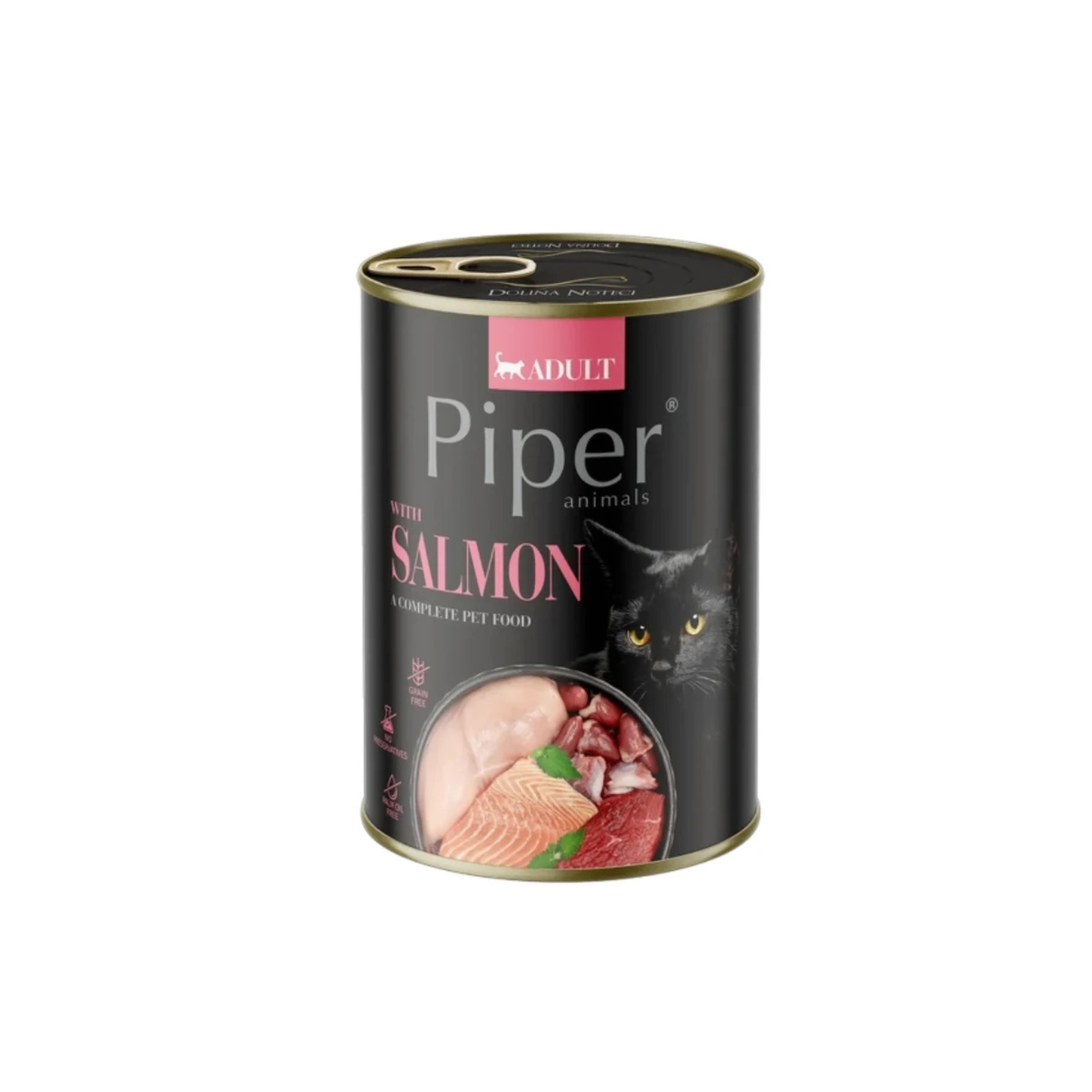 Alimento húmedo lata para gatos adultos todas las razas Piper Animals salmón 400 GR fondo blanco