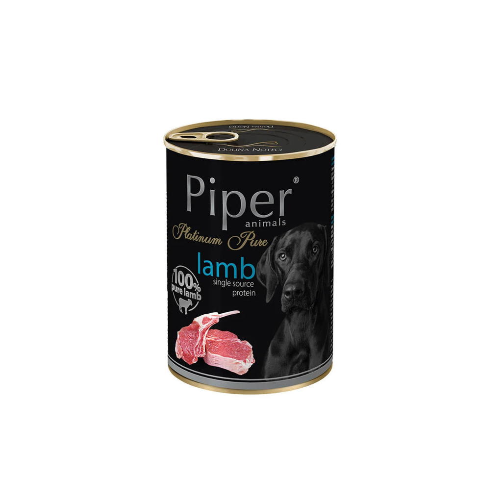 Alimento húmedo lata para perros adultos todas las razas Piper Animals cordero zanahoria y arroz integral 400 GR fondo blanco