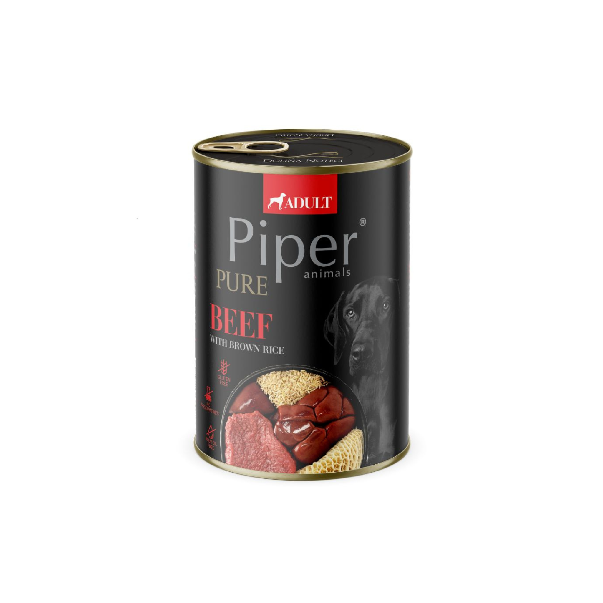 Alimento húmedo lata para perros adultos todas las razas Piper Animals pavo y brócoli 400 GR fondo blanco