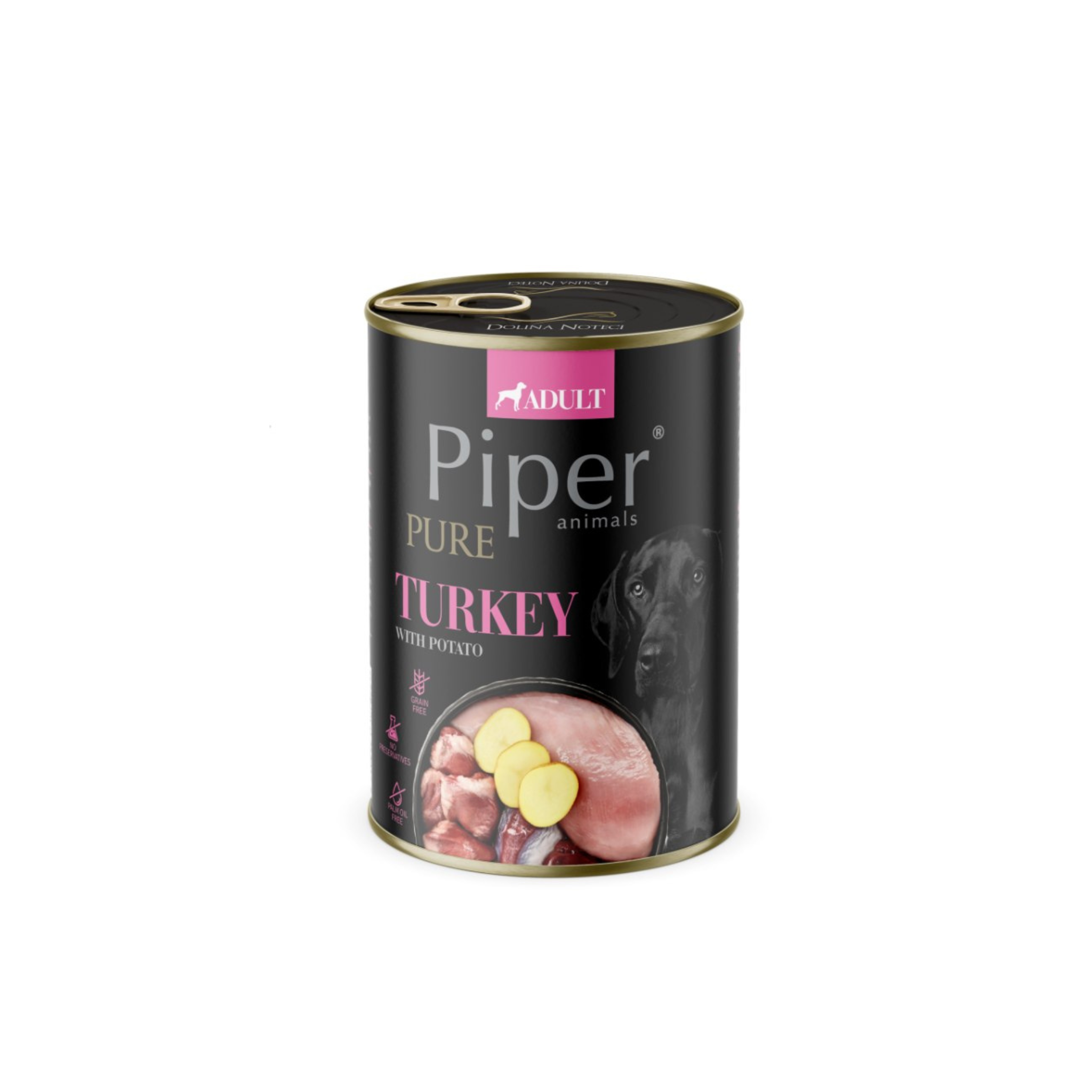 Alimento húmedo lata para perros adultos todas las razas Piper Animals hígado de vacuno y papas 400 GR fondo blanco