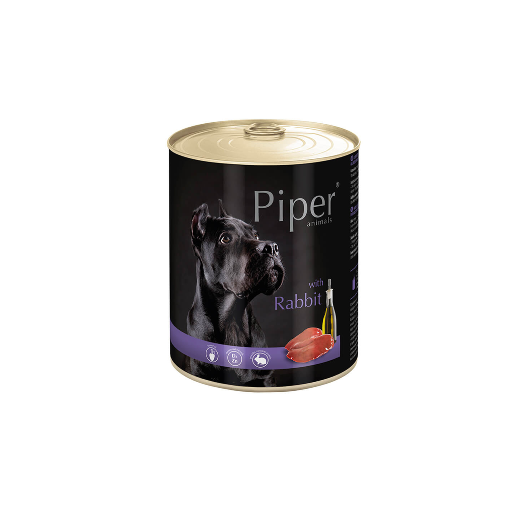 Alimento húmedo lata para perros adultos todas las razas Piper Animals conejo y manzana 800 GR fondo blanco