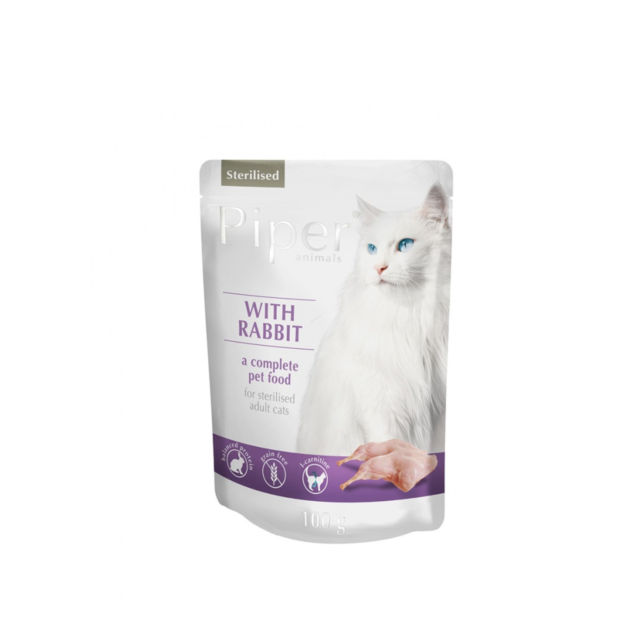Alimento húmedo sachet para gatos adultos todas las razas Piper Animals conejo 100 GR fondo blanco